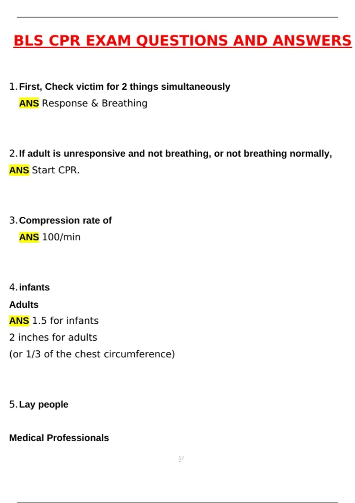 BLS CPR Exam 2025 Newest Updated Questions and Correct Answers (Latest ...