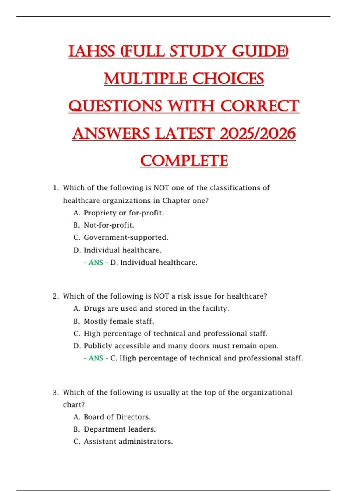 IAHSS (full Study guIde) MultIple CHoices QuestIons wIth Correct Answers lAtest 2025/2026 ...