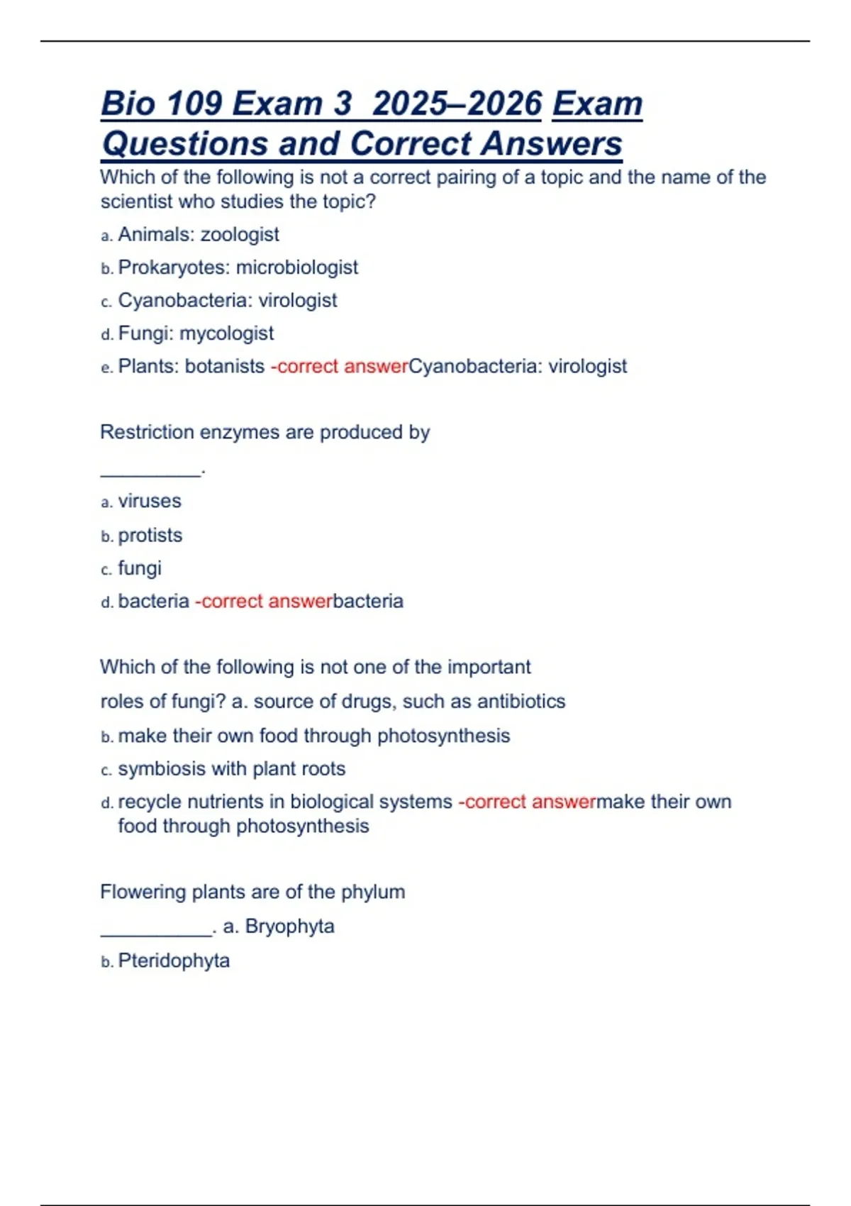 Bio 109 Exam 3 2025–2026 Exam Questions and Correct Answers - Bio 109 ...