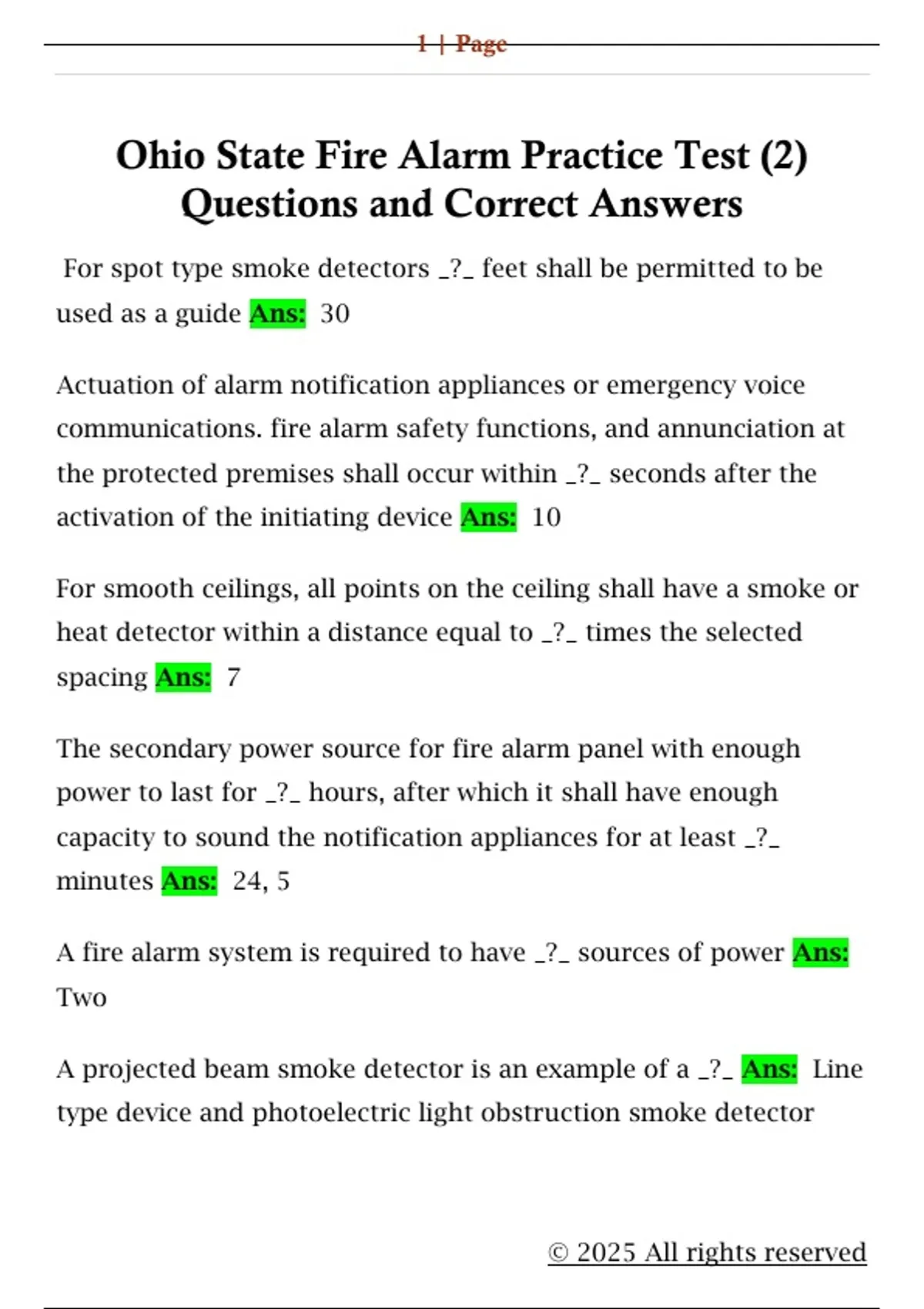 Ohio State Fire Alarm Practice Test (2) Questions and Correct Answers ...