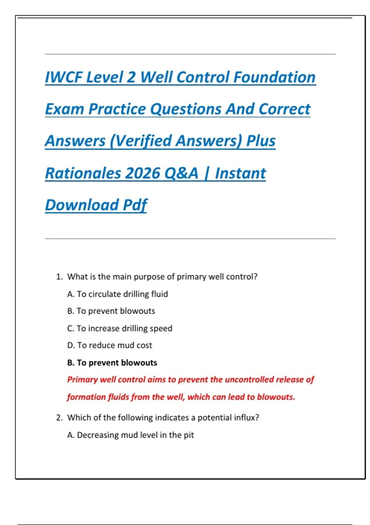 IWCF Level 2 Well Control Foundation Exam Practice Questions And ...