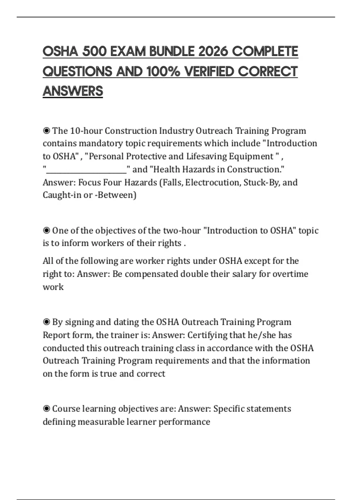 OSHA 500 EXAM BUNDLE 2026 COMPLETE QUESTIONS AND 100% VERIFIED CORRECT ...