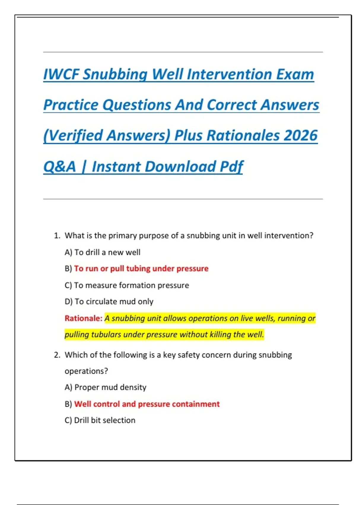 Snubbin IWCF Snubbing Well Intervention Exam Practice Questions And Correct ...