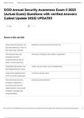DOD Annual Security Awareness Exam &vert;&vert; 2025 &lpar;Actual Exam&rpar; Questions with verified Answers &lpar;Latest Update 2025&rpar; UPDATE&excl;&excl;