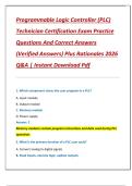 Programmable Logic Controller &lpar;PLC&rpar;  Technician Certification Exam Practice  Questions And Correct Answers  &lpar;Verified Answers&rpar; Plus Rationales 2026  Q&A &vert; Instant Download Pdf 