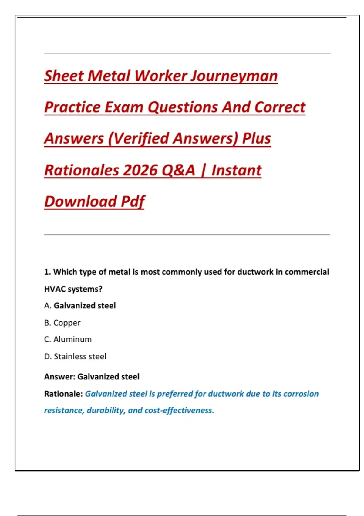 Sheet Metal Worker Journeyman Practice Exam Questions And Correct ...
