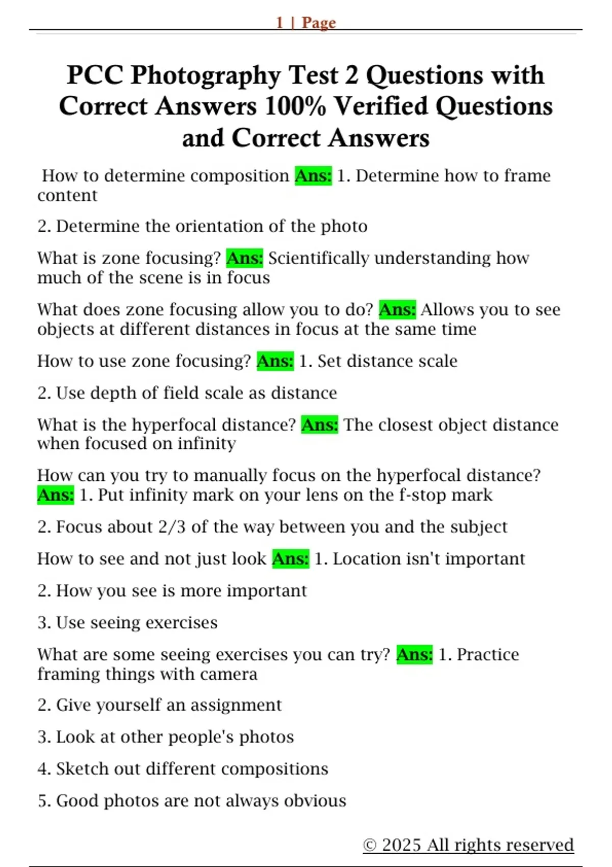 Pcc Question Examples PCC Photography Test 2 Questions with Correct Answers 100% Verified ...
