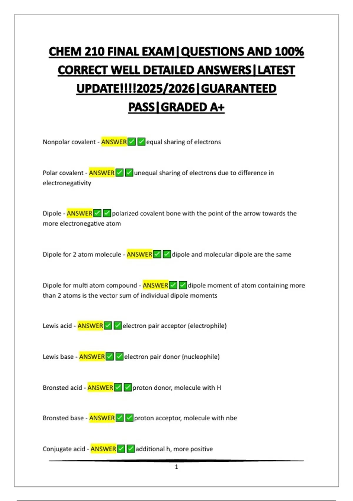 CHEM 210 FINAL EXAM |QUESTIONS AND 100% CORRECT WELL DETAILED ANSWERS ...
