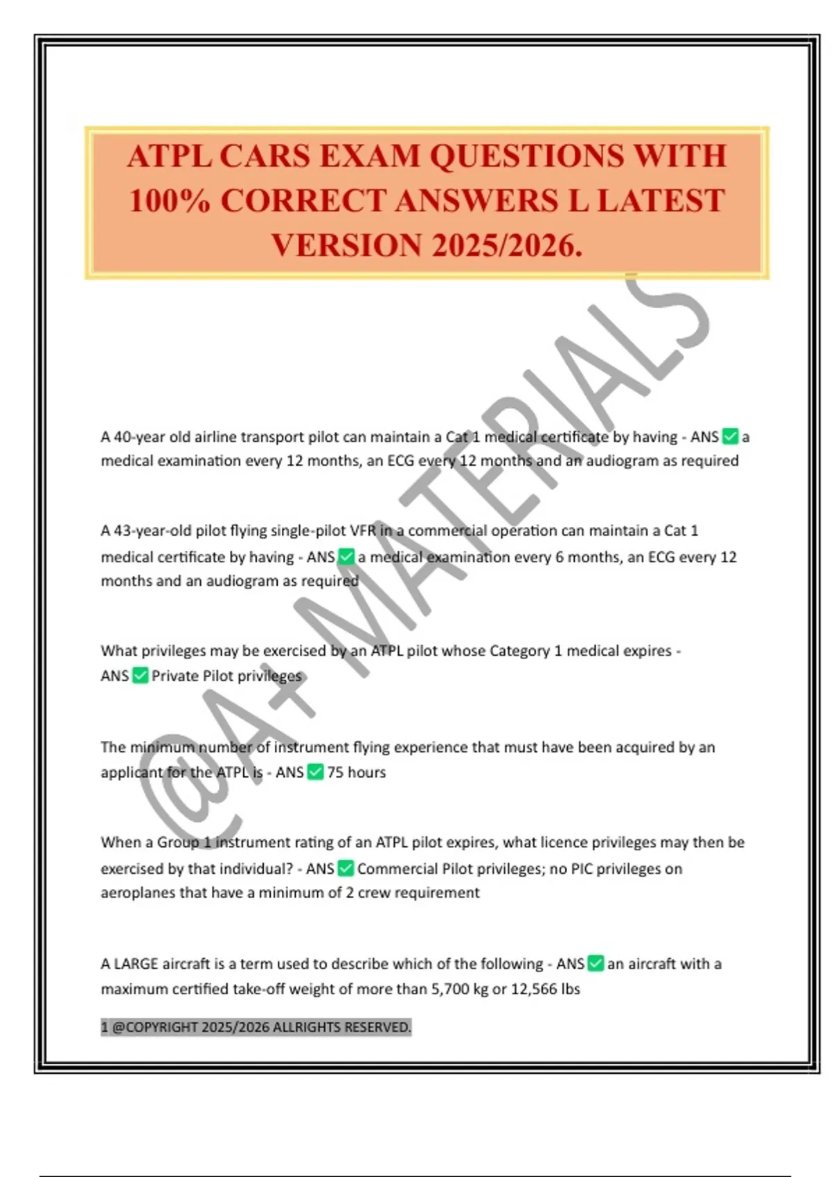 ATPL CARS EXAM QUESTIONS WITH 100% CORRECT ANSWERS L LATEST VERSION ...