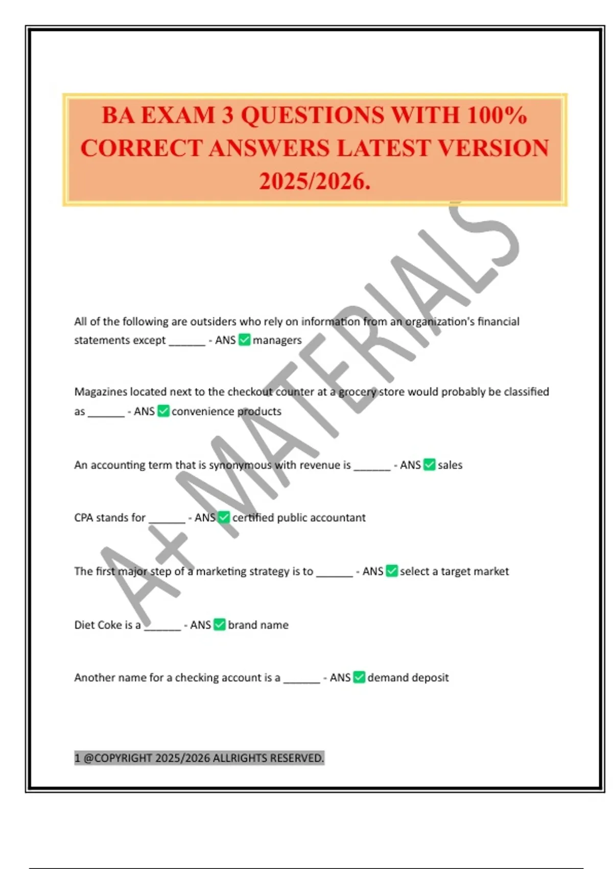 BA EXAM 3 QUESTIONS WITH 100% CORRECT ANSWERS LATEST VERSION 2025/2026 ...