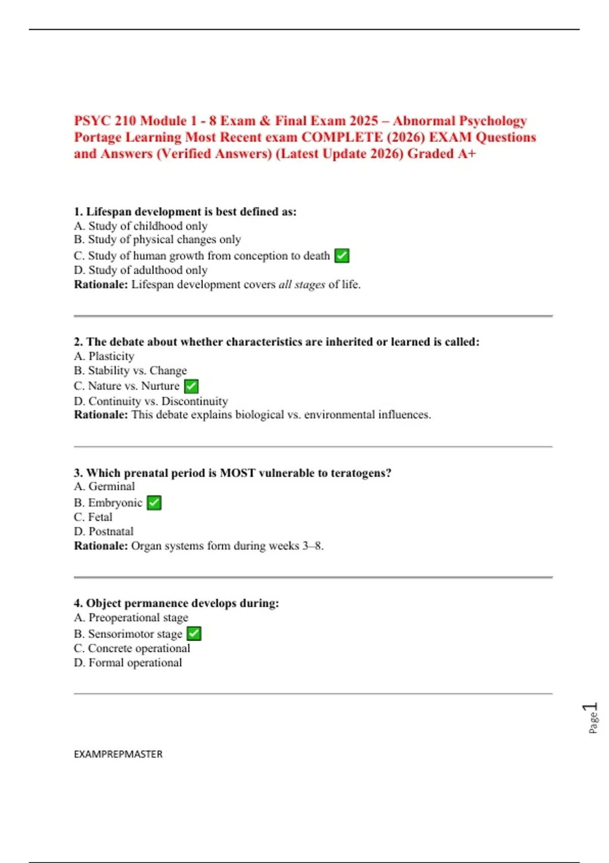 PSYC 210 Module 1 - 8 Exam & Final Exam 2025 – Abnormal Psychology ...