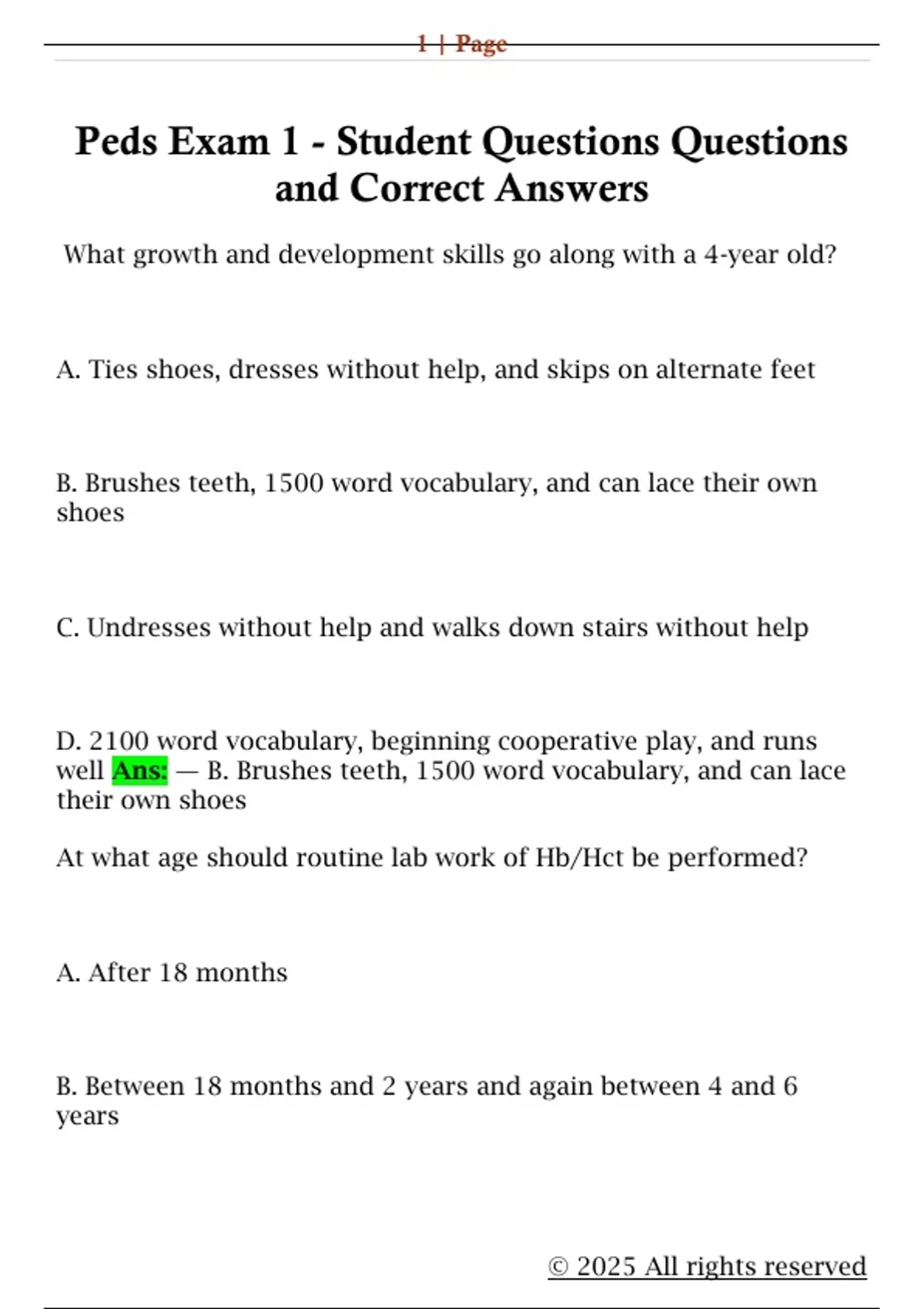 Peds Exam 1 - Student Questions Questions and Correct Answers ...