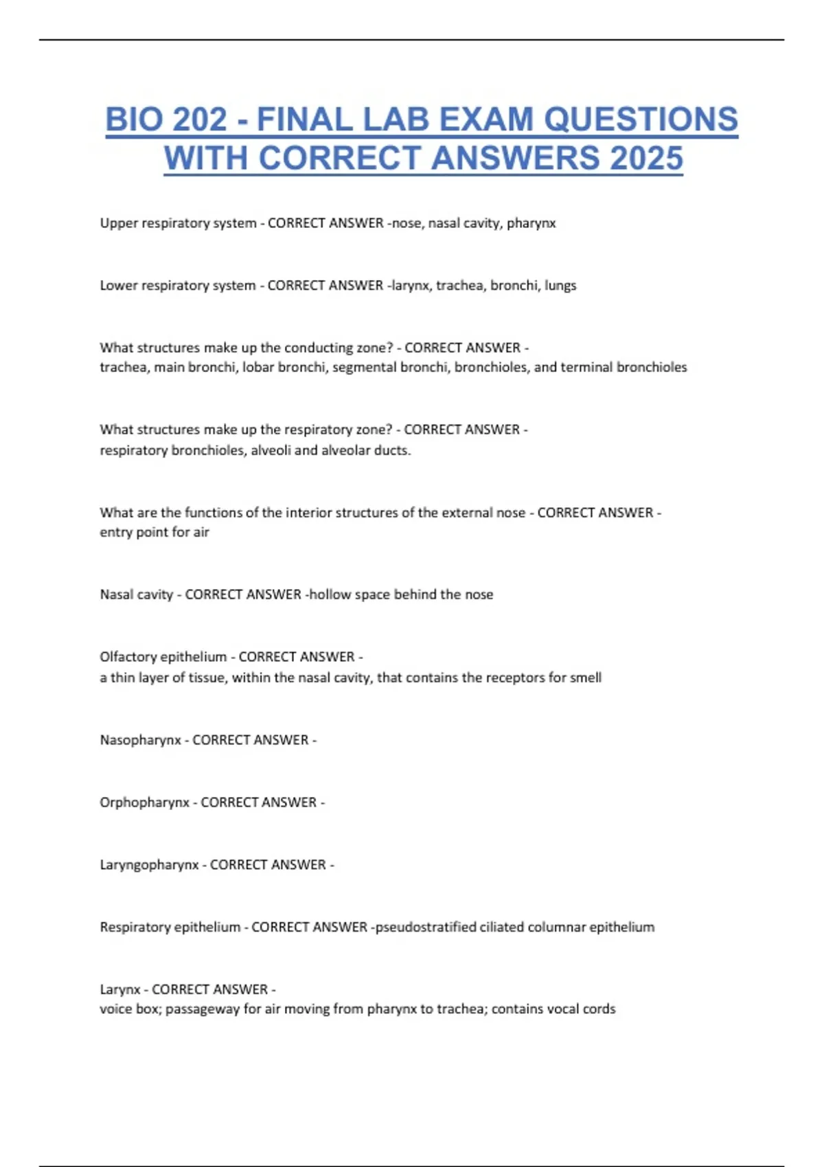 BIO 202 - FINAL LAB EXAM QUESTIONS WITH CORRECT ANSWERS 2025 - BIO 202 ...