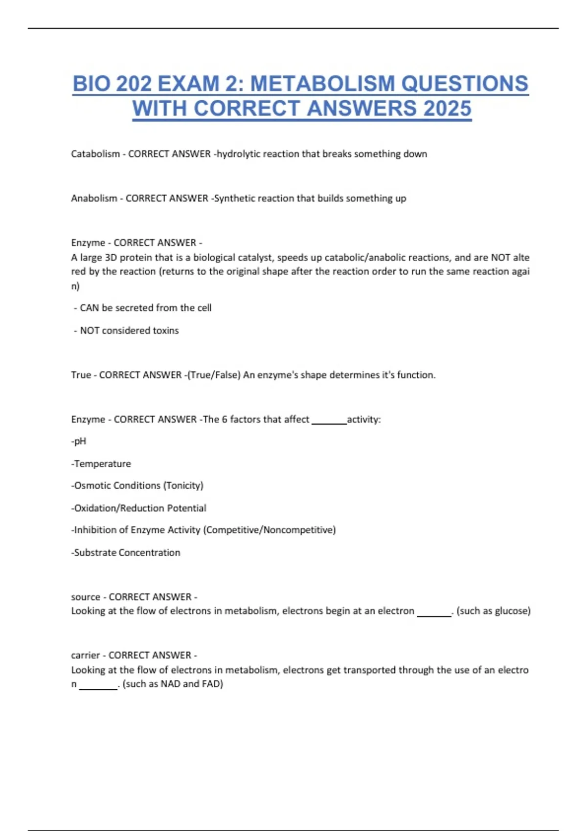 BIO 202 EXAM 2: METABOLISM QUESTIONS WITH CORRECT ANSWERS 2025 - BIO ...