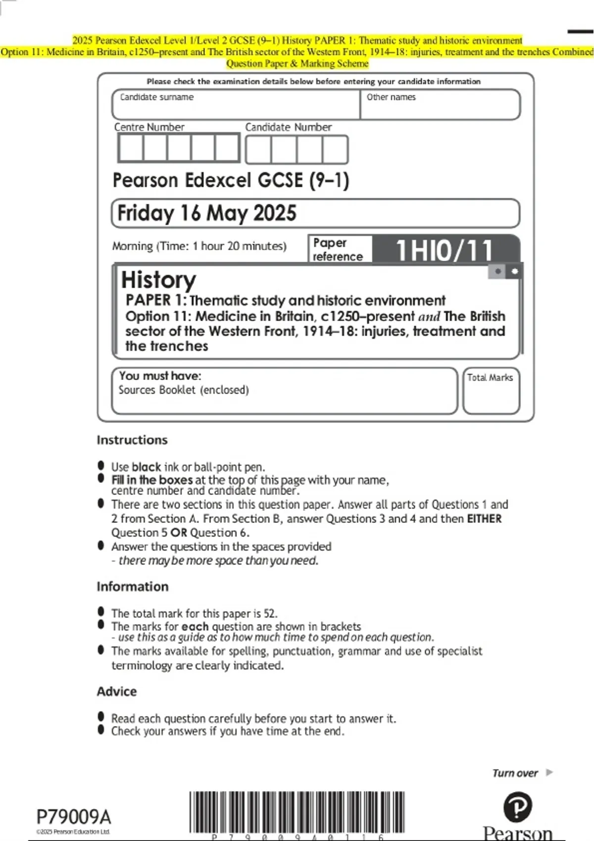 2025 Pearson Edexcel Level 1/Level 2 GCSE (9–1) History PAPER 1 ...