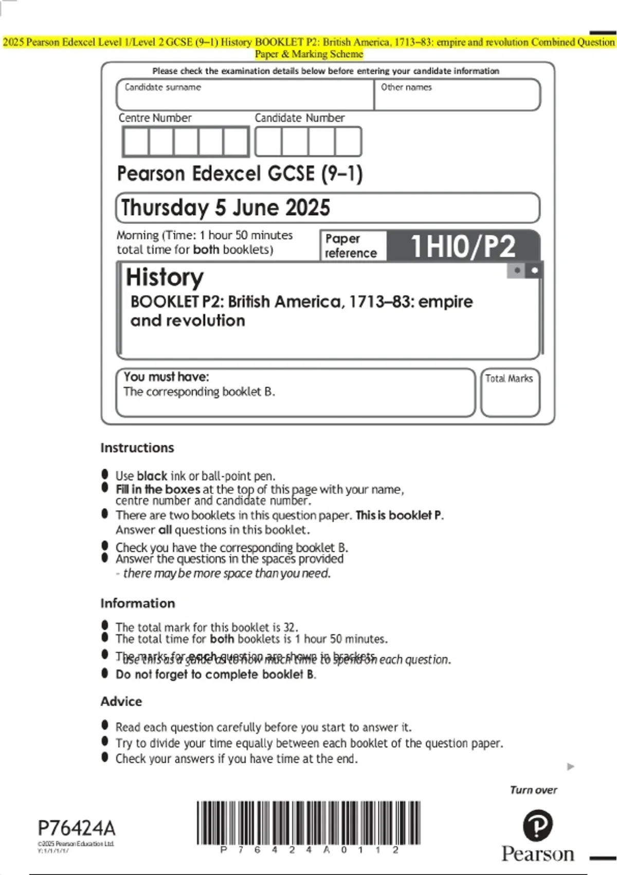 2025 Pearson Edexcel Level 1/Level 2 GCSE (9–1) History BOOKLET P2 ...