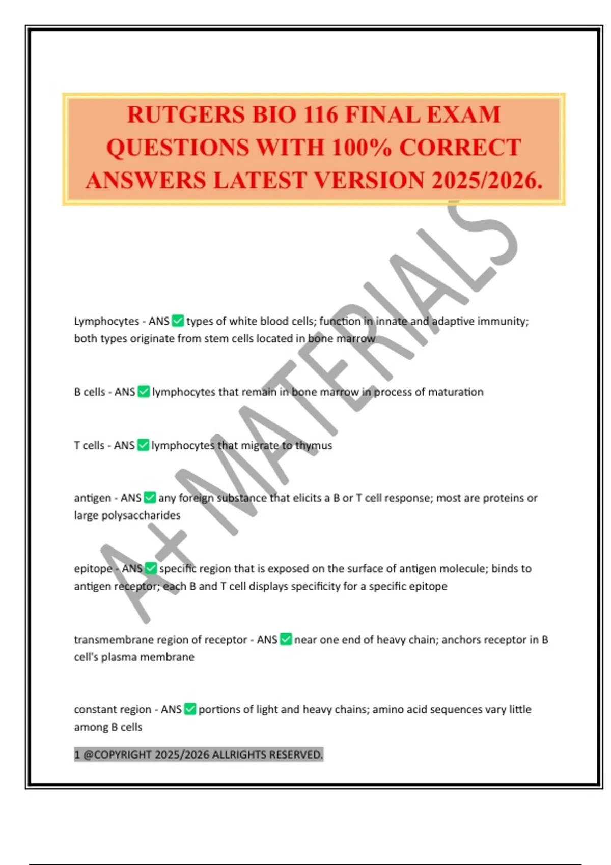 RUTGERS BIO 116 FINAL EXAM QUESTIONS WITH 100% CORRECT ANSWERS LATEST ...