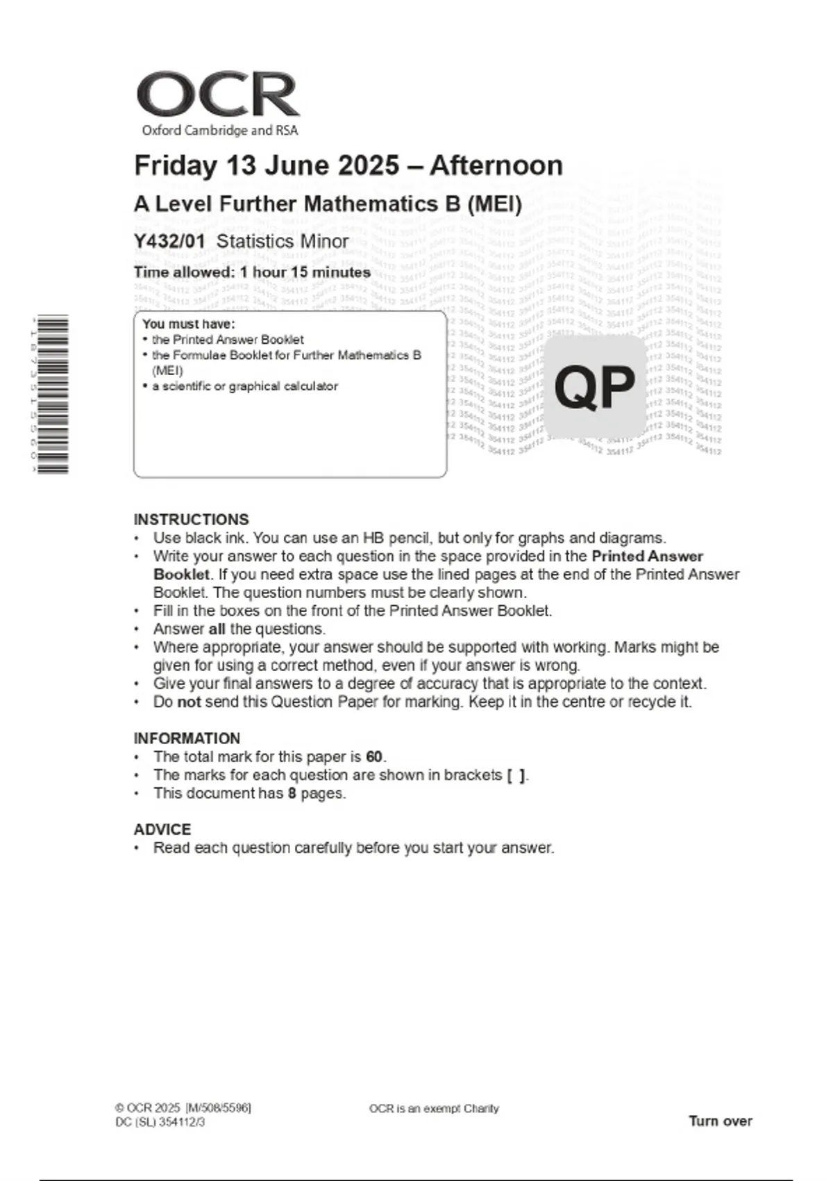 2025 OCR A Level Further Mathematics B MEI Y432 01 Statistics Minor 2025-ocr-a-level-further-mathematics-b-mei-y432-01-statistics-minor