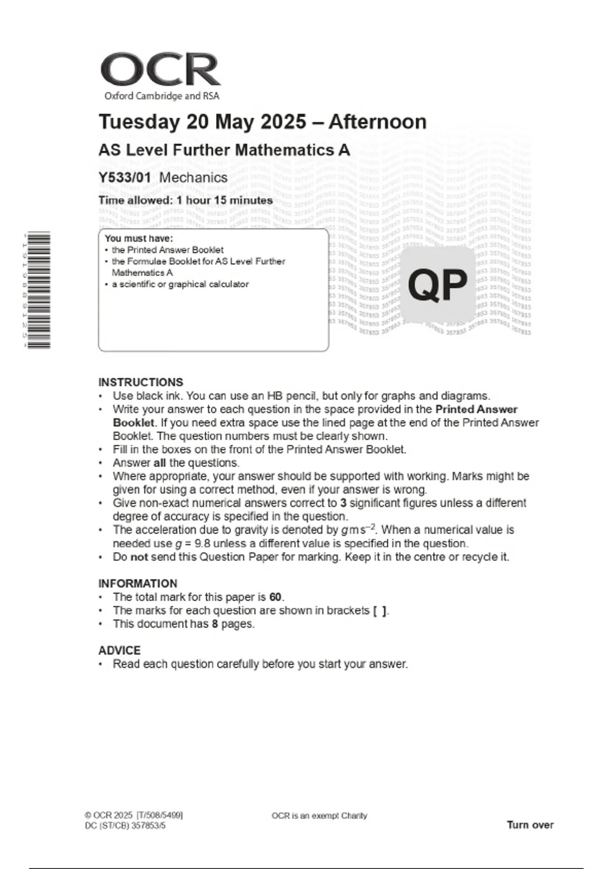 2025 OCR AS Level Further Mathematics A Y533 01 Mechanics Combined 2025-ocr-as-level-further-mathematics-a-y533-01-mechanics-combined