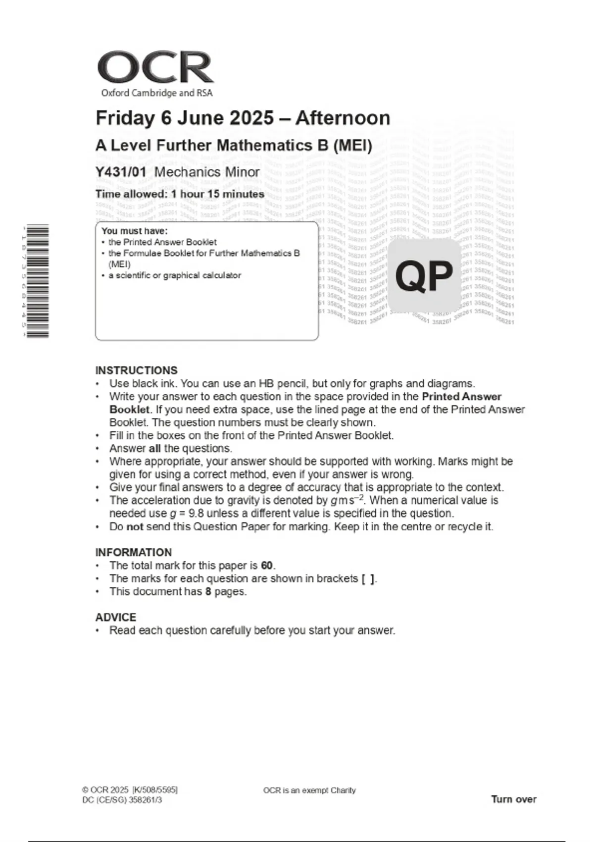 2025 OCR A Level Further Mathematics B (MEI) Y431/01 Mechanics Minor ...