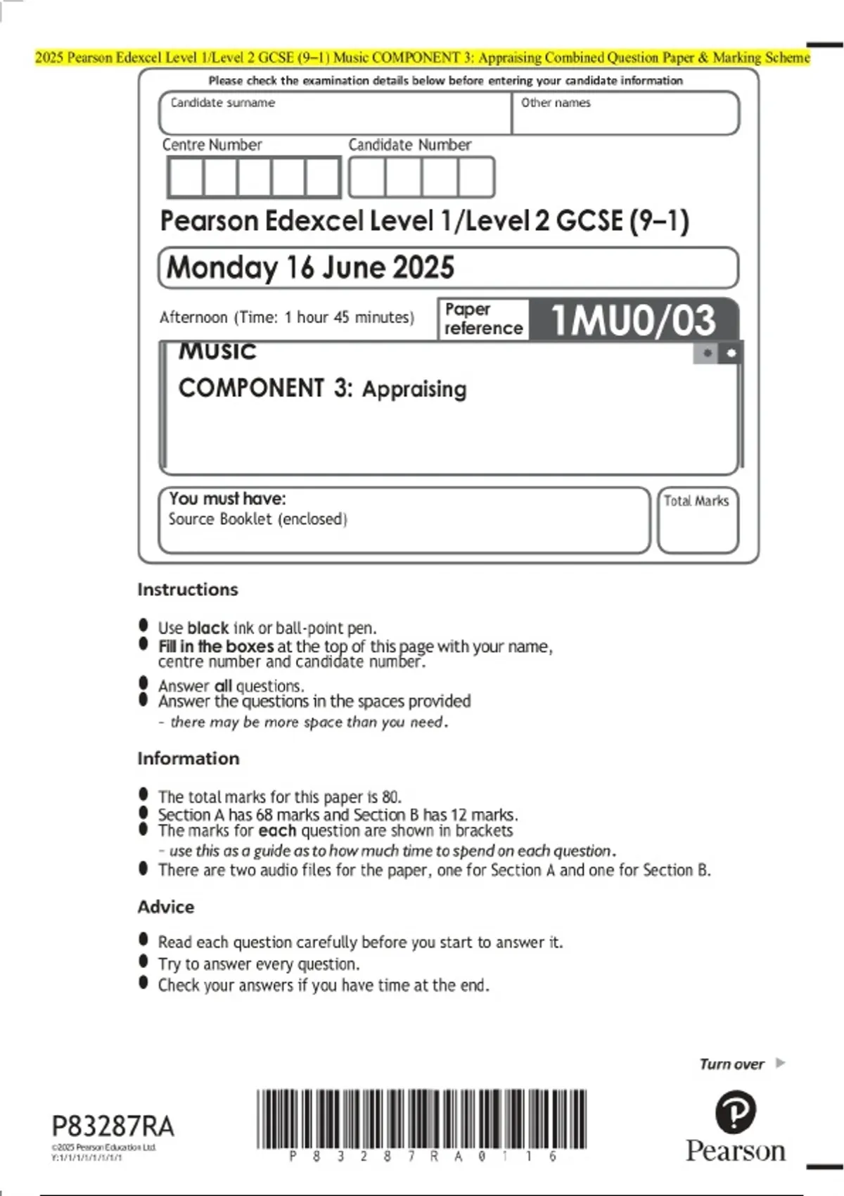 2025 Pearson Edexcel Level 1/Level 2 GCSE (9–1) Music COMPONENT 3 ...