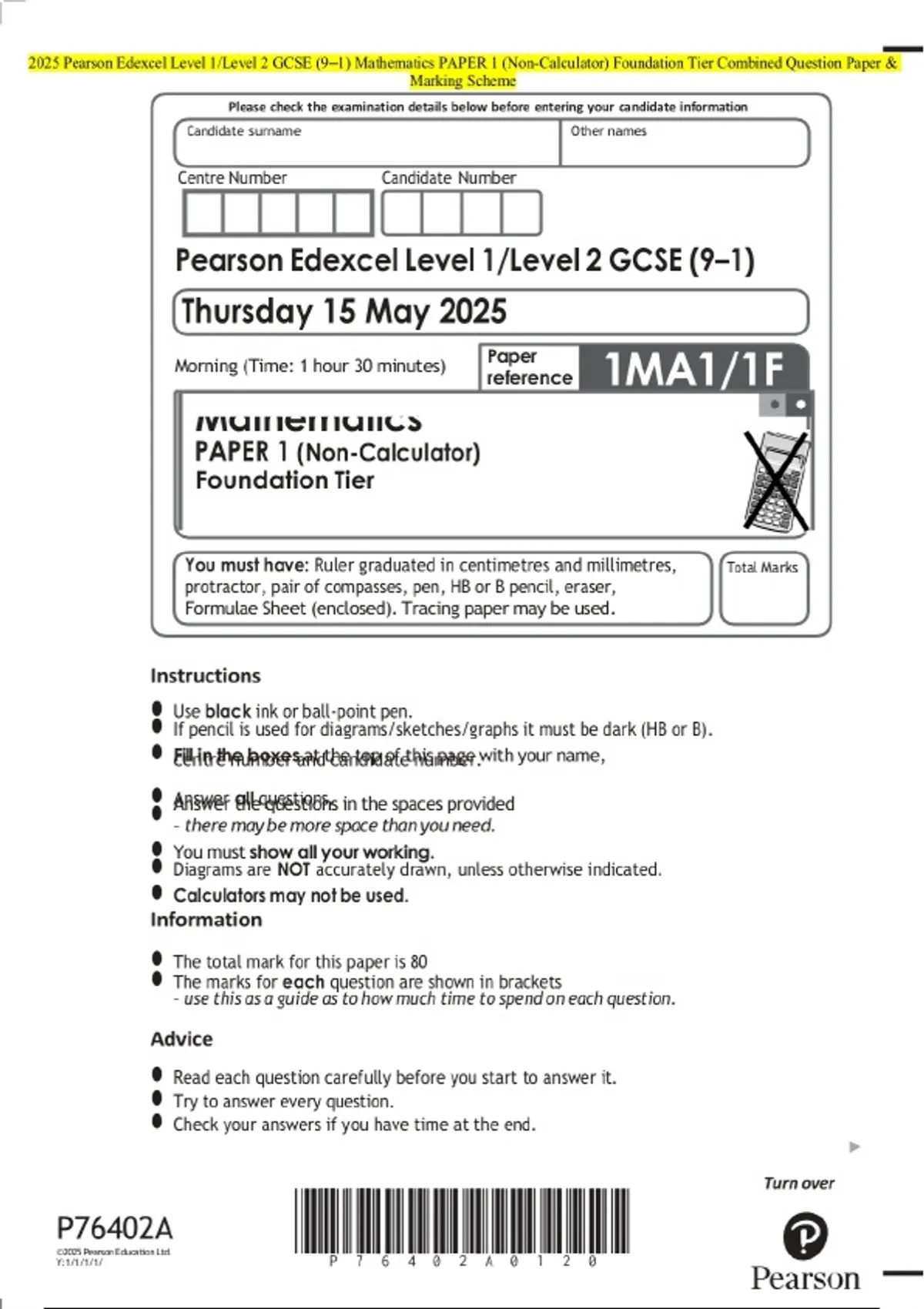 2025 Pearson Edexcel Level 1/Level 2 GCSE (9–1) Mathematics PAPER 1 ...