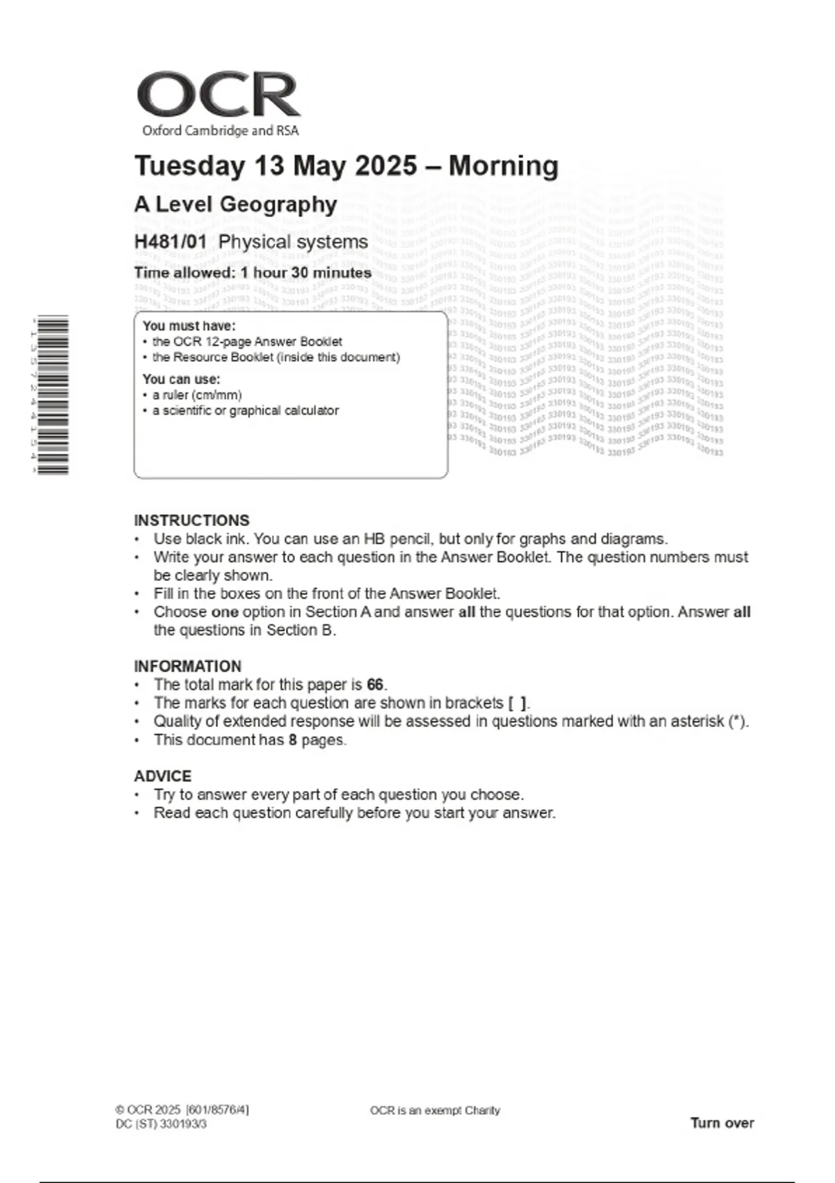 2025 OCR A Level Geography H481/01 Physical systems Combined Question ...