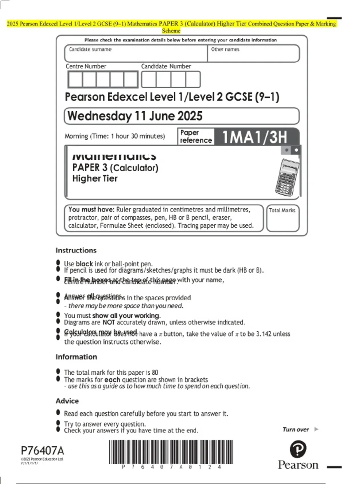 2025 Pearson Edexcel Level 1/Level 2 GCSE (9–1) Mathematics PAPER 3 ...