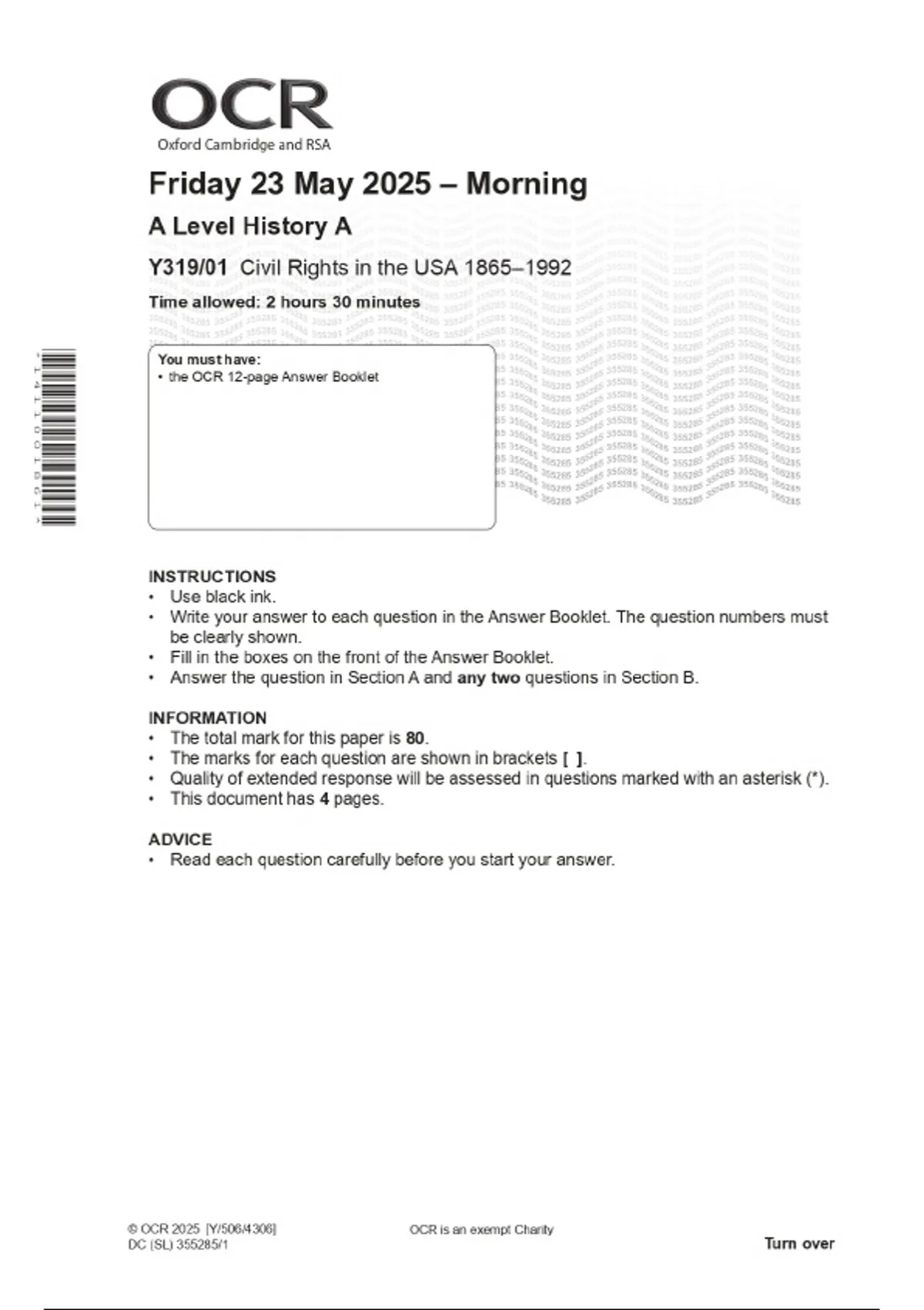 2025 OCR A Level History A Y319/01 Civil Rights in the USA 1865–1992 ...