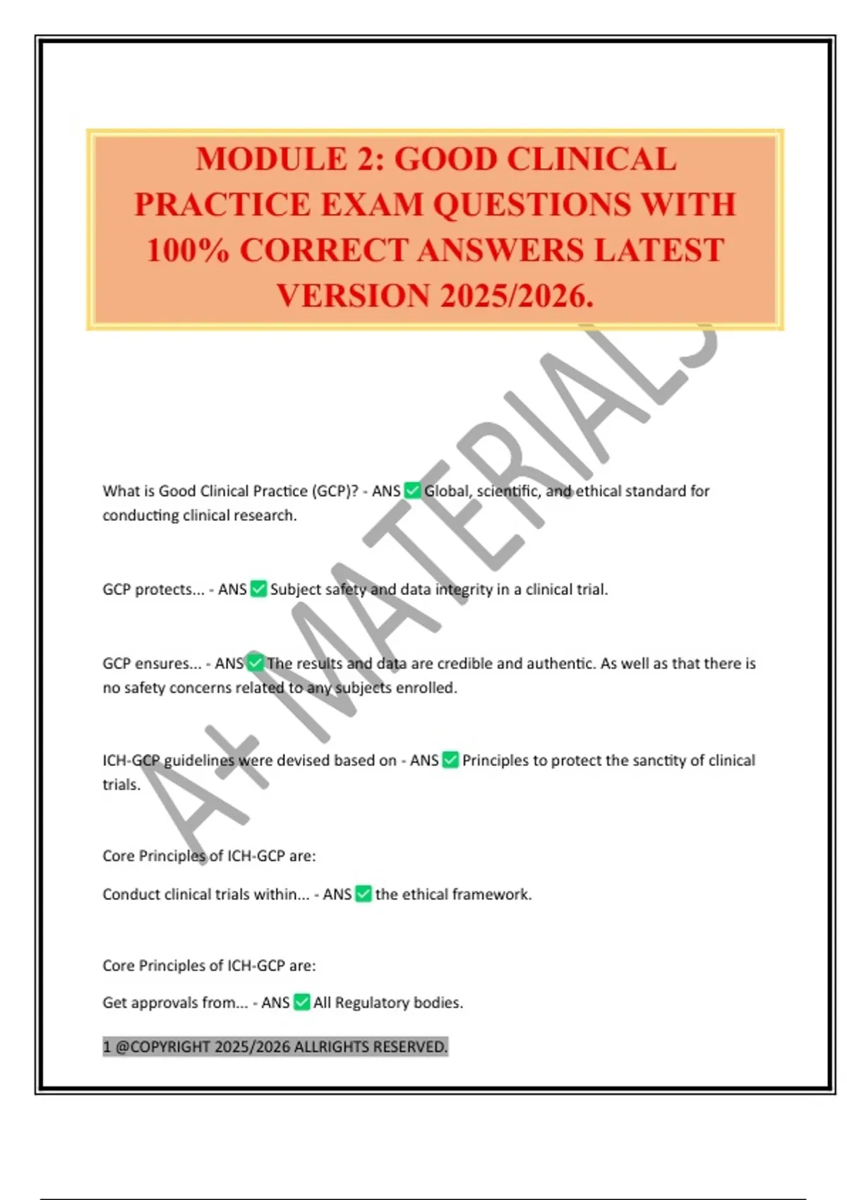 MODULE 2: GOOD CLINICAL PRACTICE EXAM QUESTIONS WITH 100% CORRECT ...