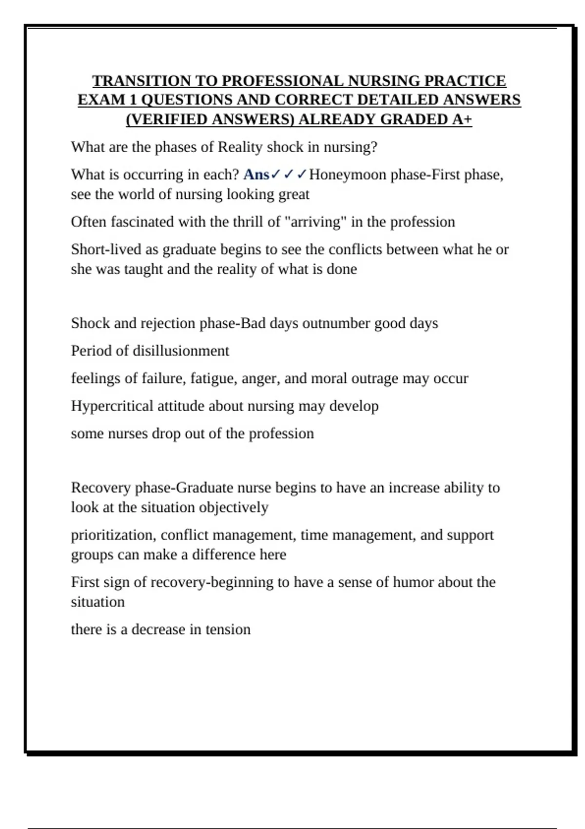 TRANSITION TO PROFESSIONAL NURSING PRACTICE EXAM 1 QUESTIONS AND ...