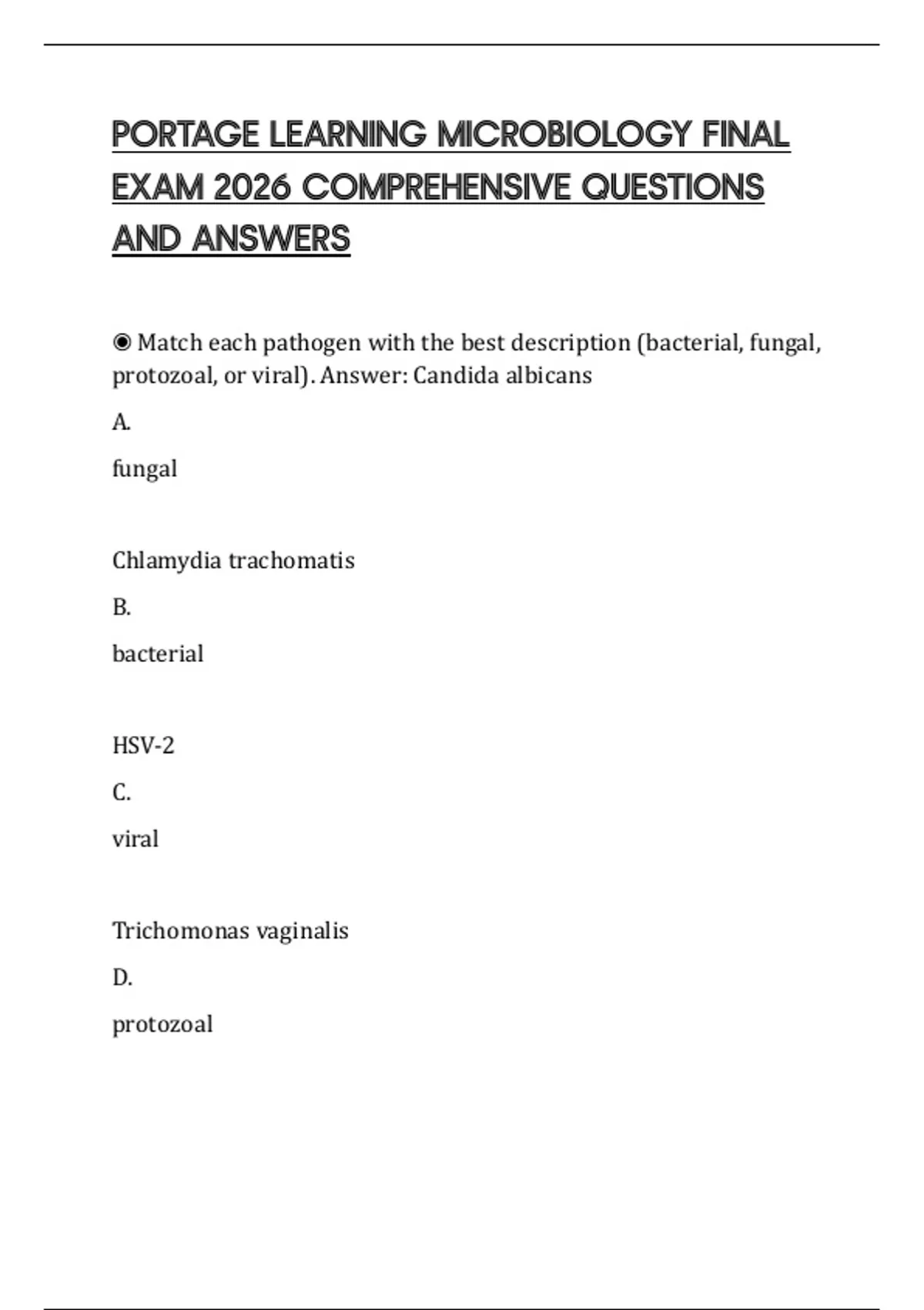 PORTAGE LEARNING MICROBIOLOGY FINAL EXAM 2026 COMPREHENSIVE QUESTIONS ...