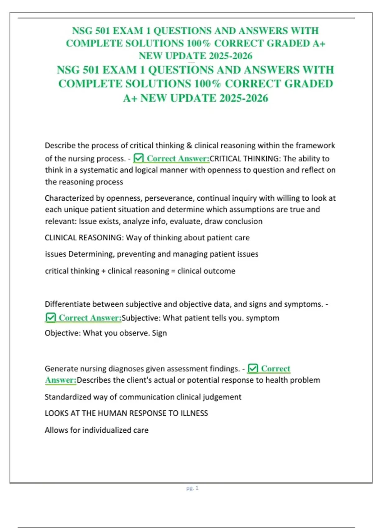 NSG 501 EXAM 1 QUESTIONS AND ANSWERS WITH COMPLETE SOLUTIONS 100 ...