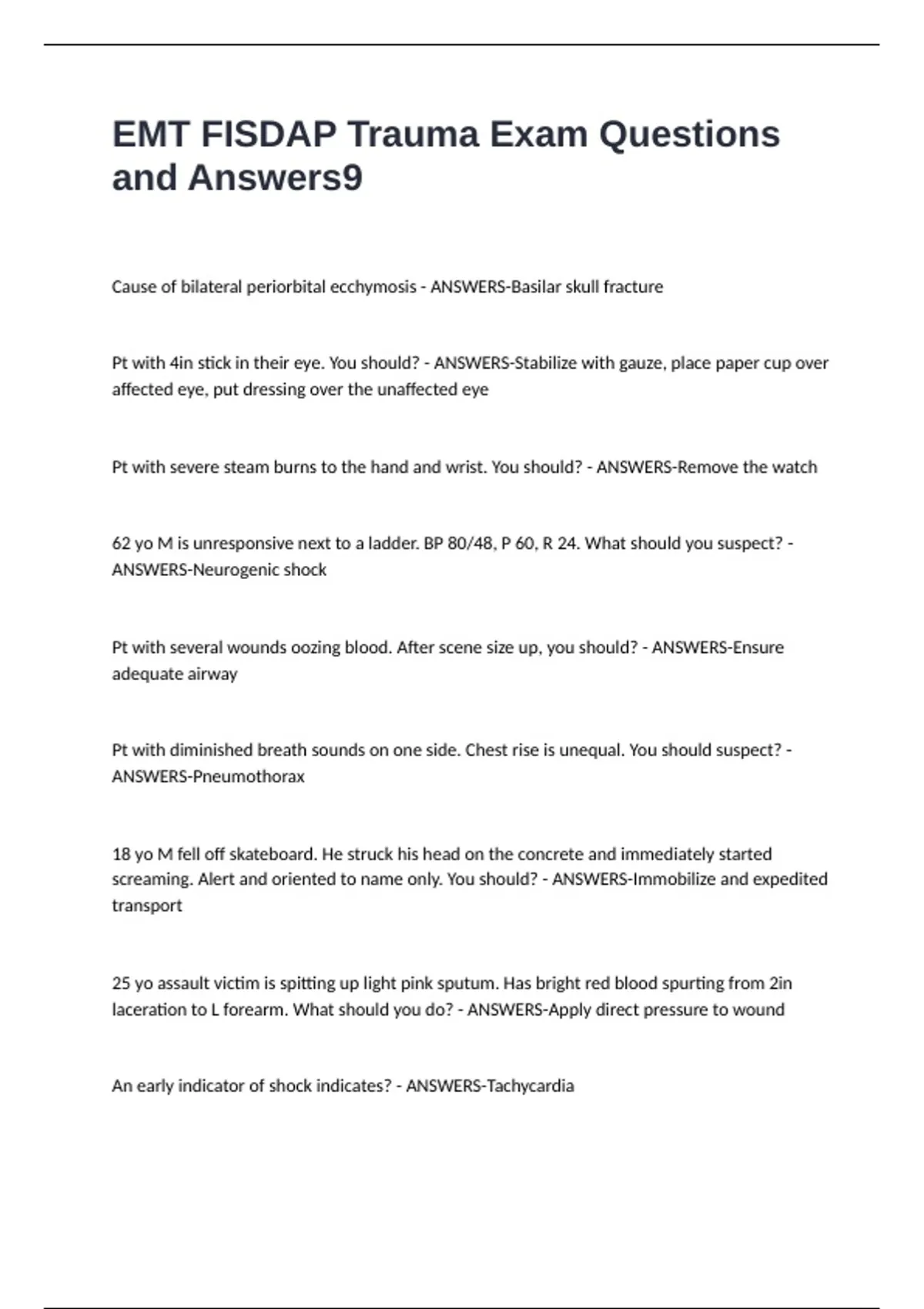 EMT FISDAP Trauma Exam Questions and Answers - EMT FISDAP Trauma ...