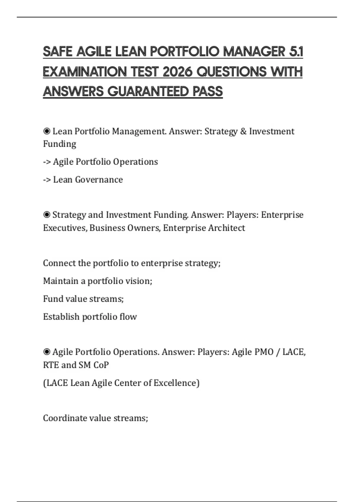 SAFE AGILE LEAN PORTFOLIO MANAGER 5.1 EXAMINATION TEST 2026 QUESTIONS ...