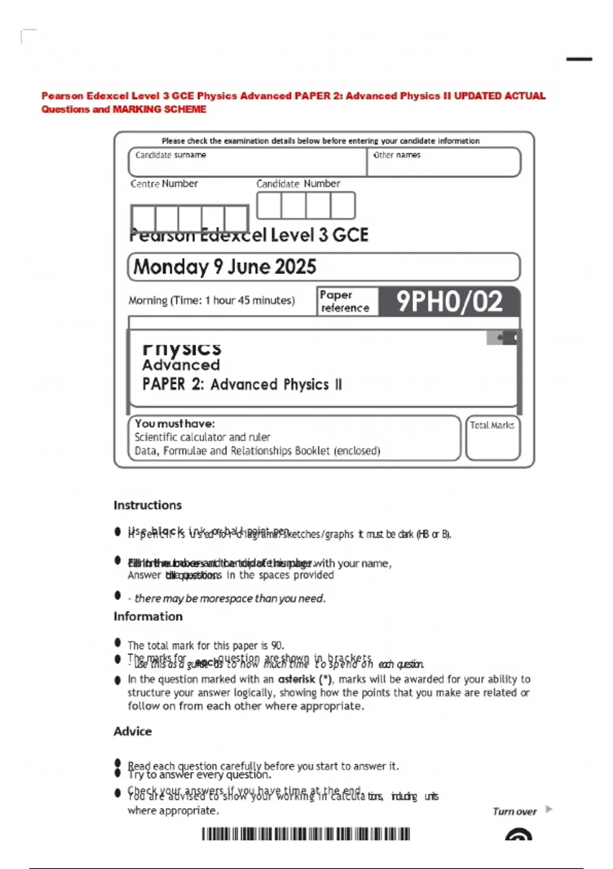 Pearson Edexcel Level 3 GCE Physics Advanced PAPER 2: Advanced Physics ...