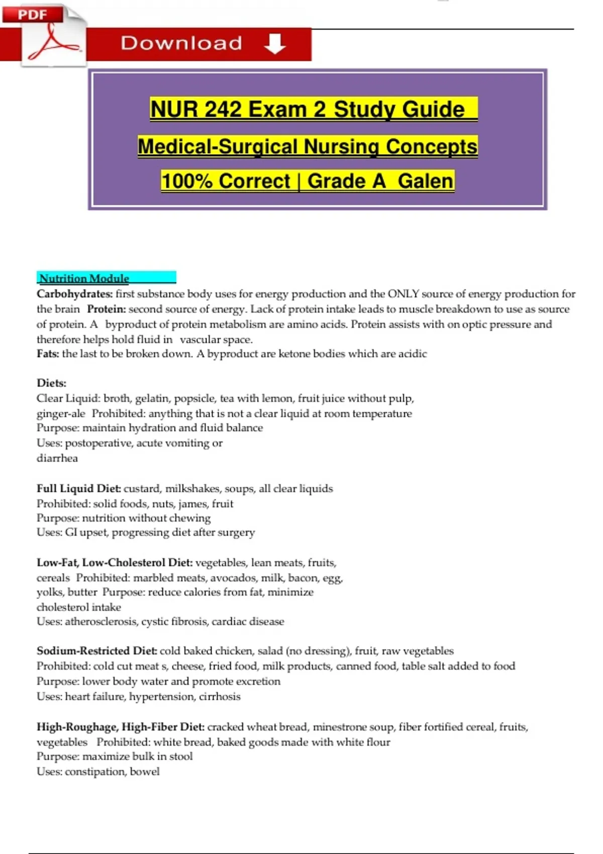 NUR 242 Exam 2 Study Guide Medical-Surgical Nursing Concepts 100% ...