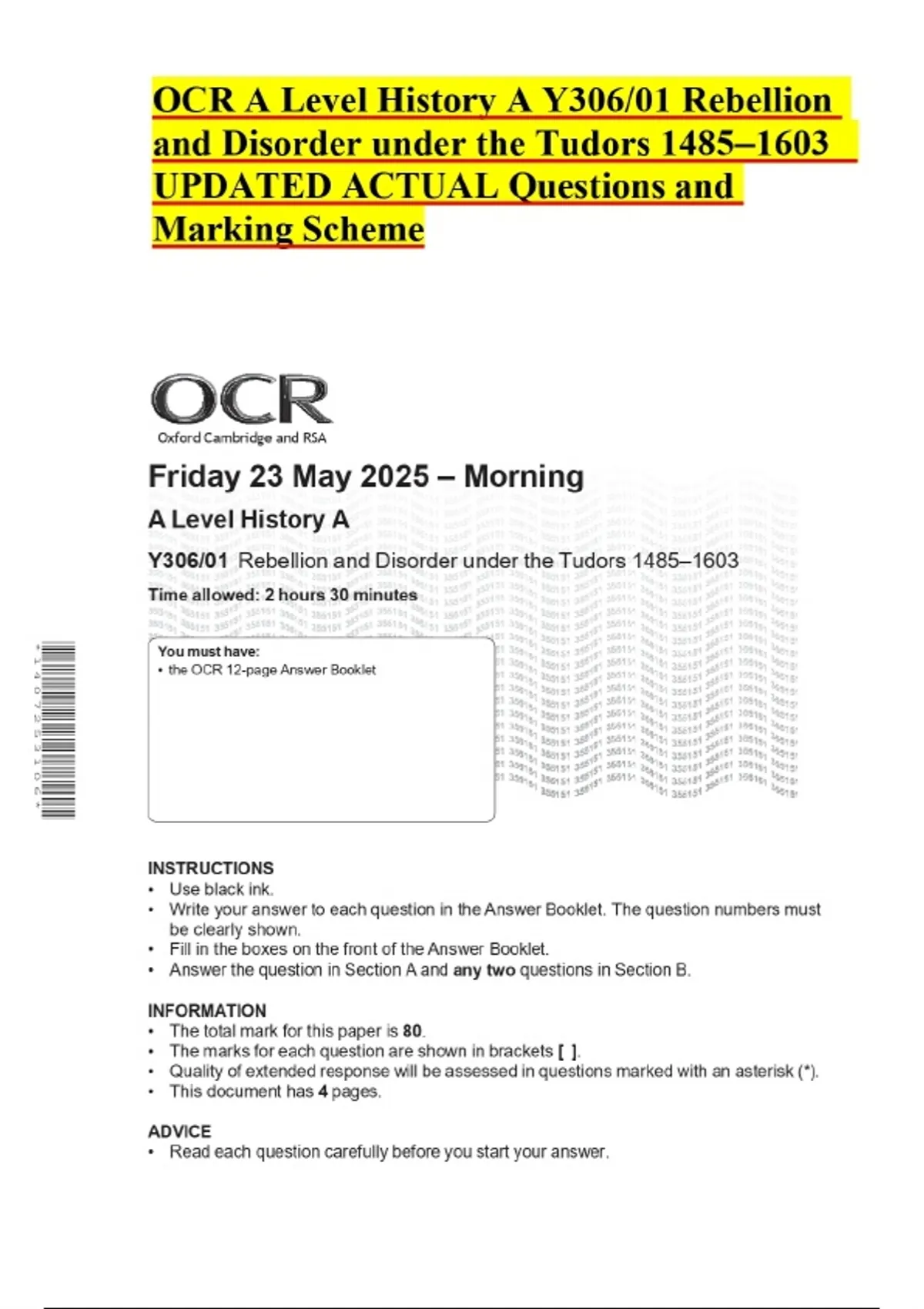 OCR A Level History A Y306/01 Rebellion and Disorder under the Tudors ...