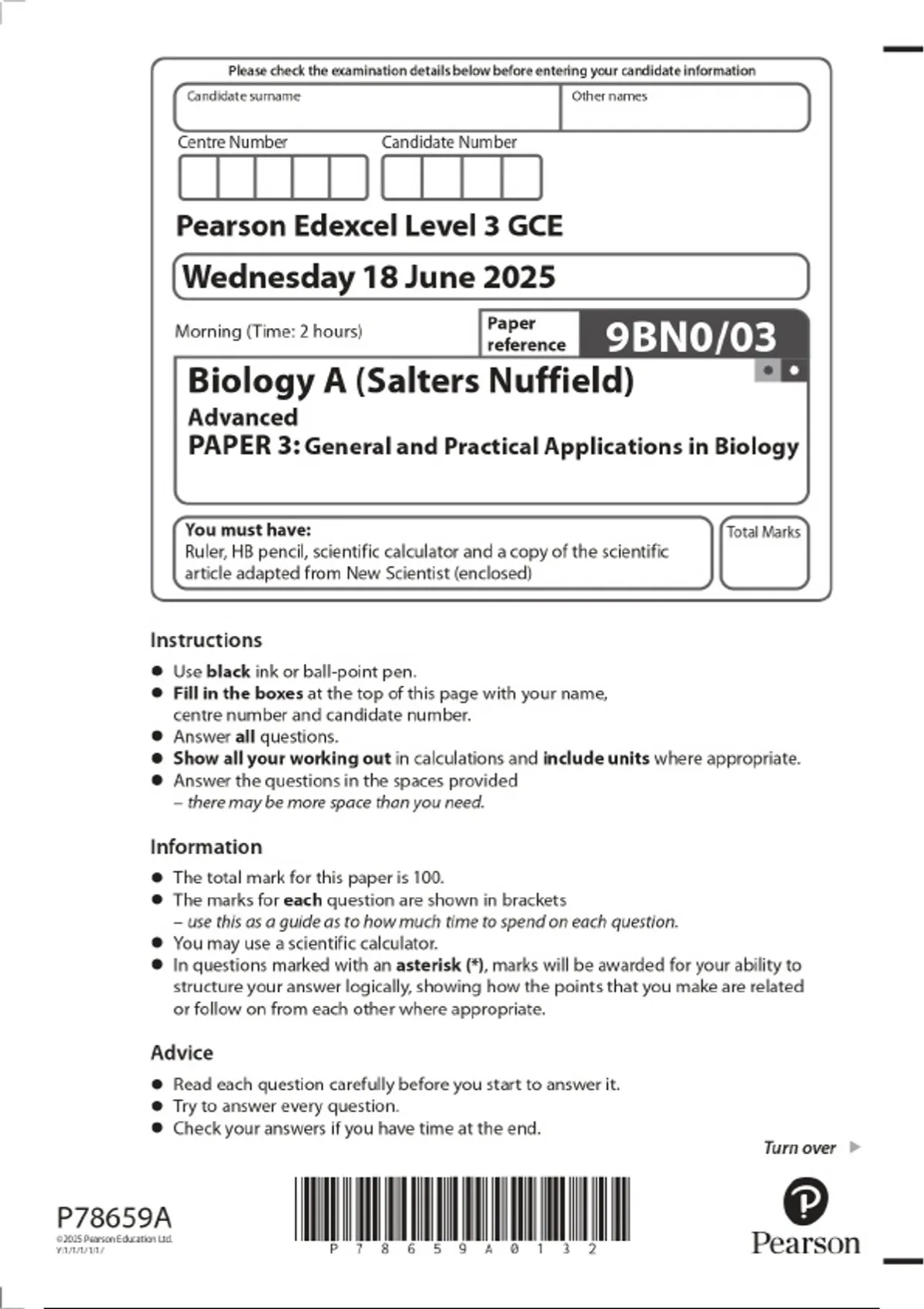 2025 Pearson Edexcel Level 3 GCE Biology A {Salters Nuffield} Advanced ...