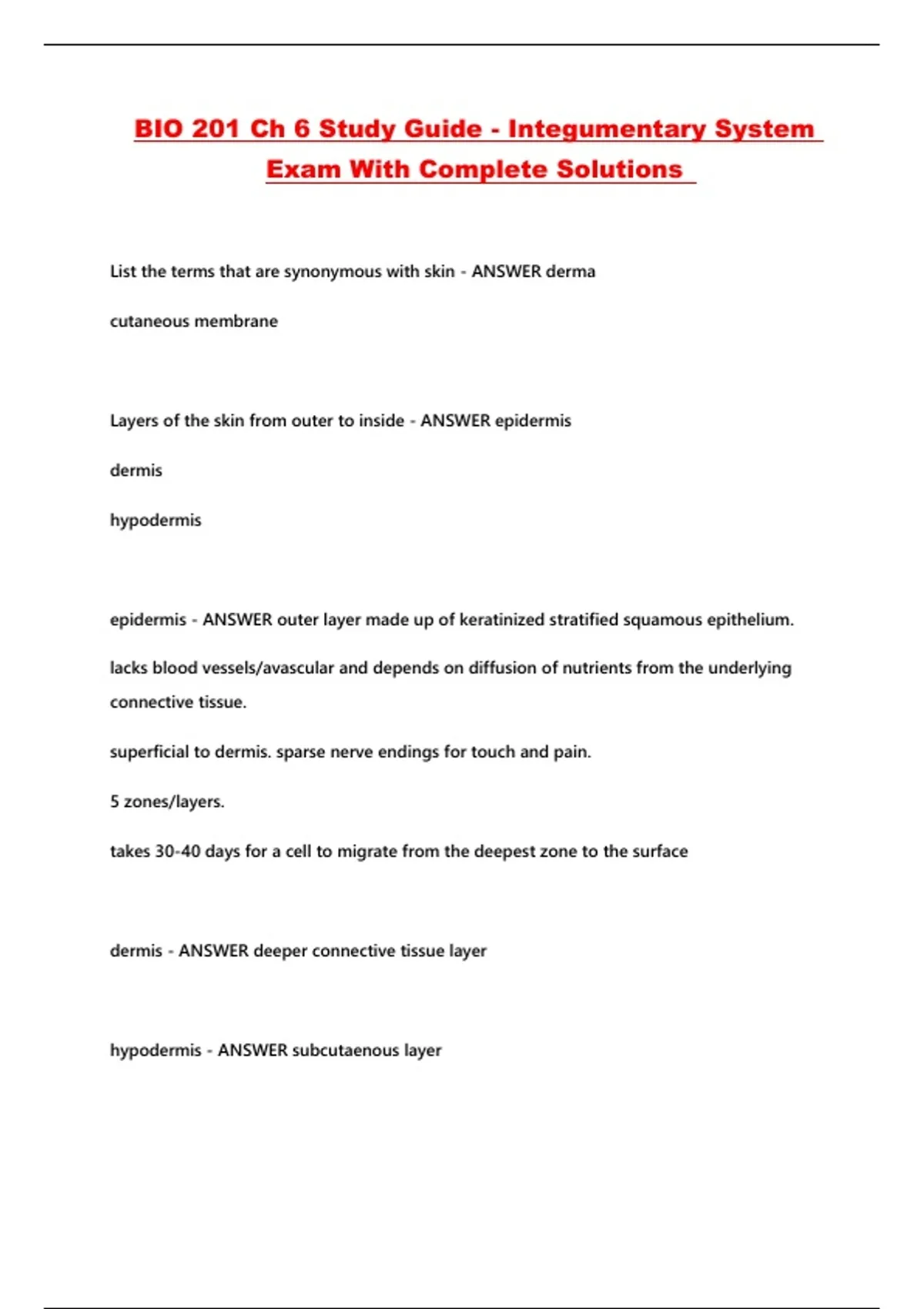 BIO 201 Ch 6 Study Guide - Integumentary System Exam With Complete ...