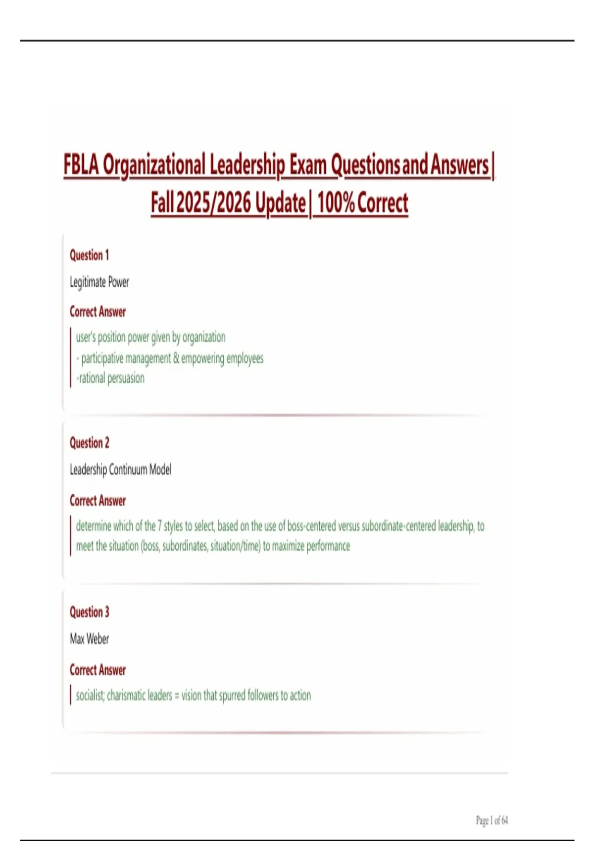 FBLA Organizational Leadership Exam Questions and Answers | Fall 2025/ ...