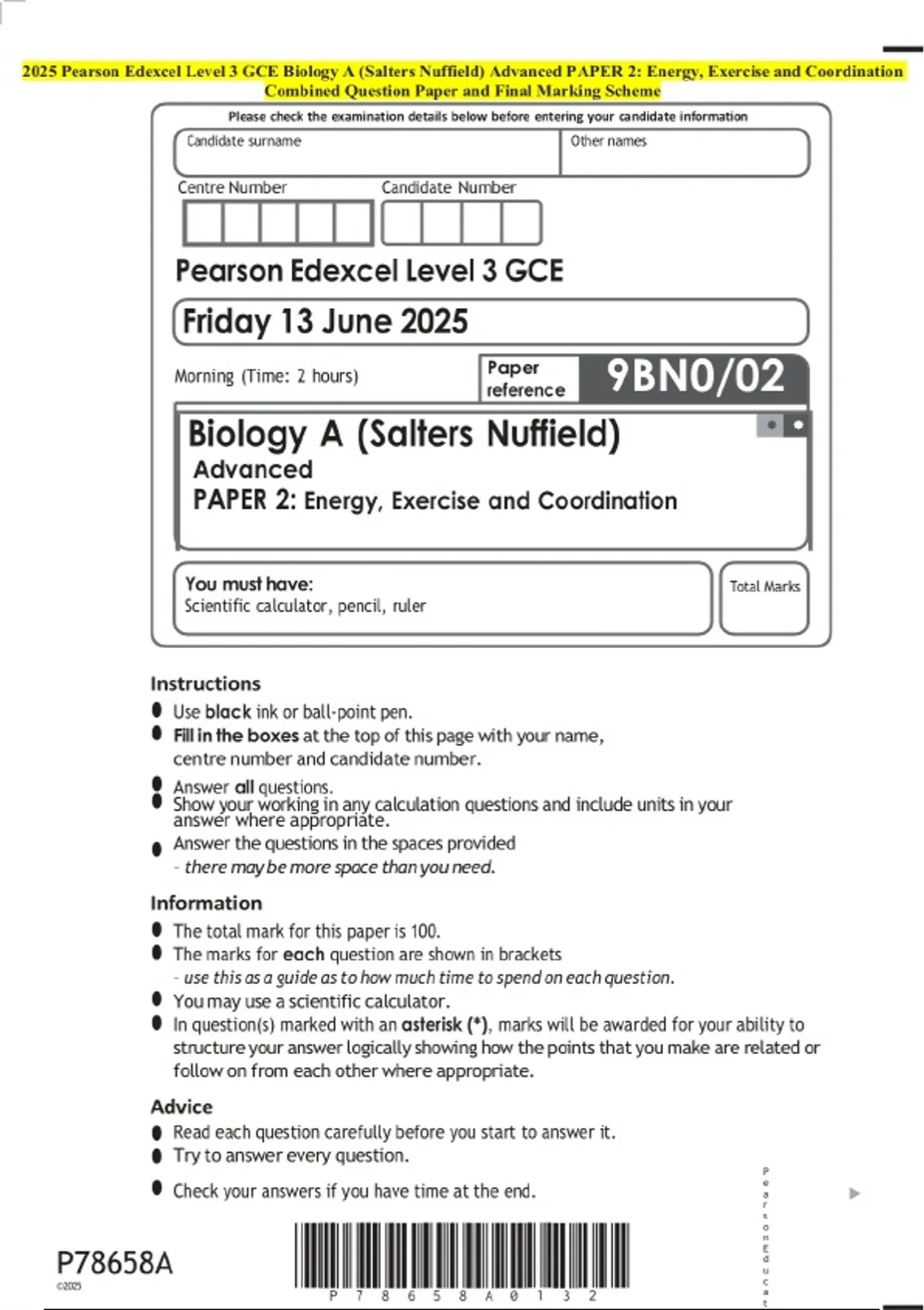 2025 Pearson Edexcel Level 3 GCE Biology A (Salters Nuffield) Advanced ...