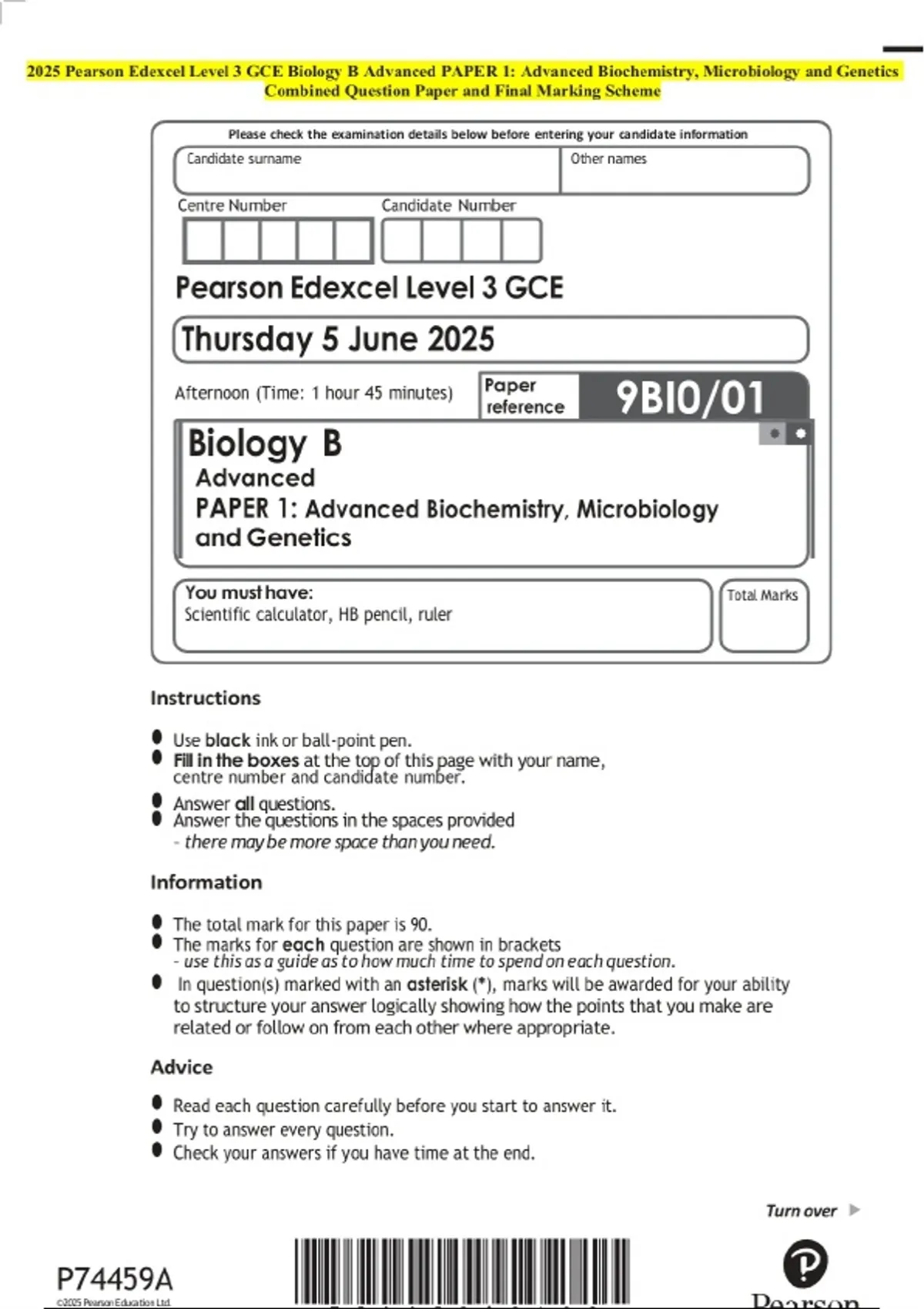 2025 Pearson Edexcel Level 3 GCE Biology B Advanced PAPER 1: Advanced ...