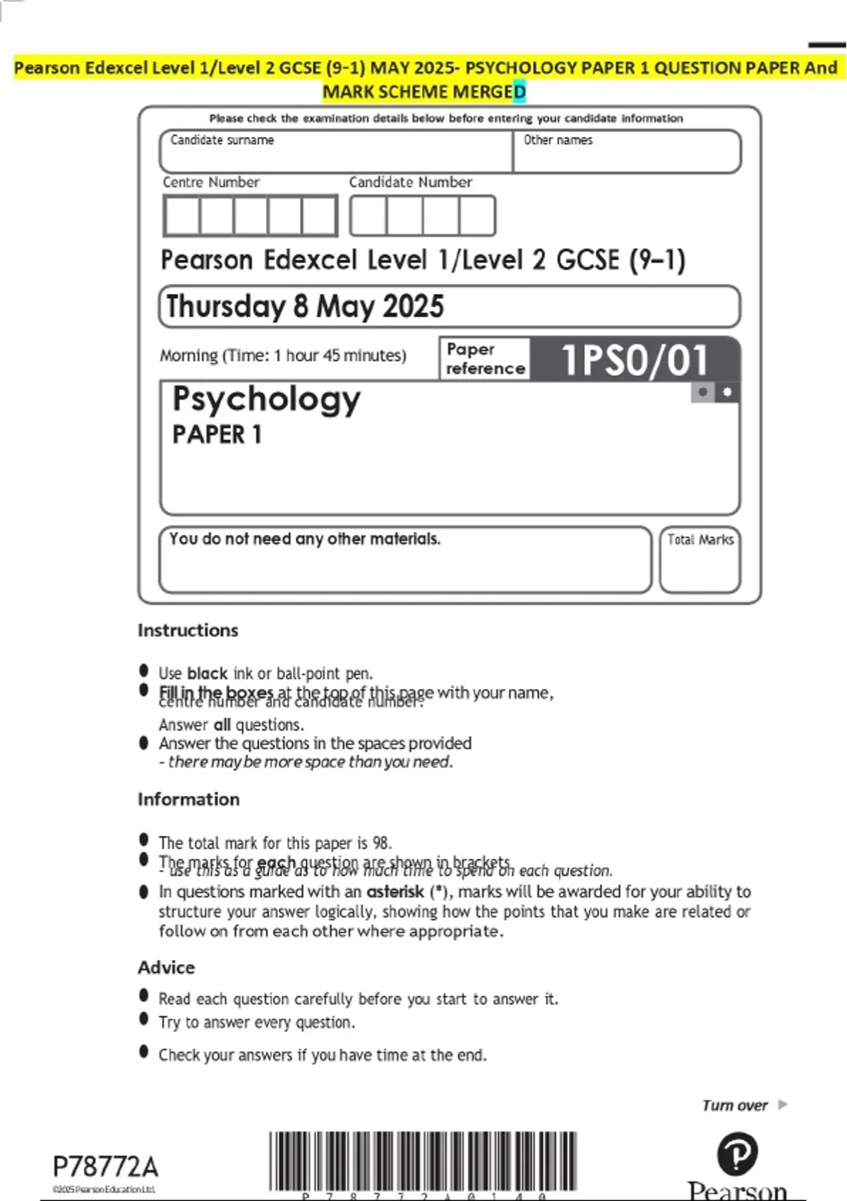 Pearson Edexcel Level 1/Level 2 GCSE (9-1) MAY 2025- PSYCHOLOGY PAPER 1 ...