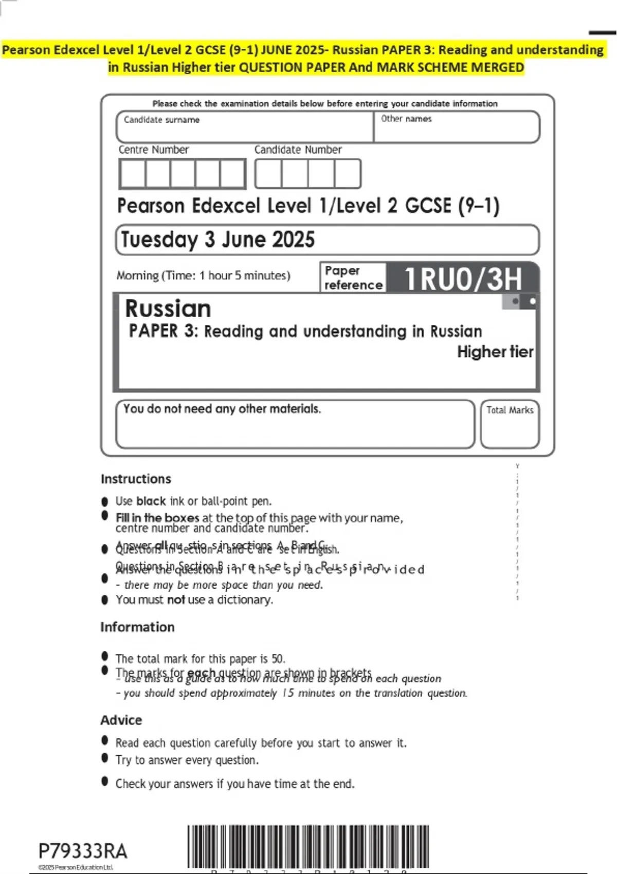 Pearson Edexcel Level 1/Level 2 GCSE (9-1) JUNE 2025- Russian PAPER 3 ...