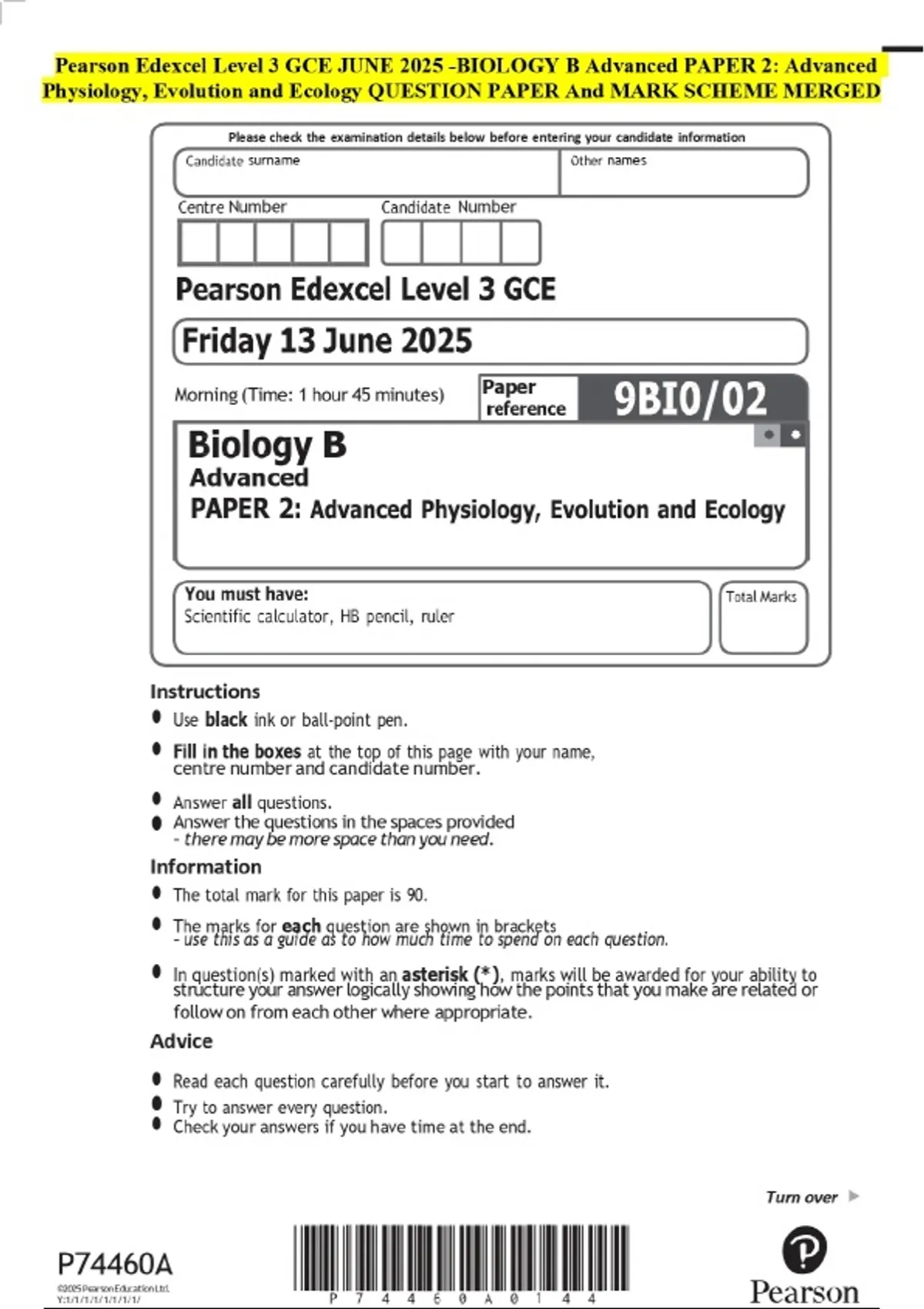 Pearson Edexcel Level 3 GCE JUNE 2025 -BIOLOGY B Advanced PAPER 2 ...