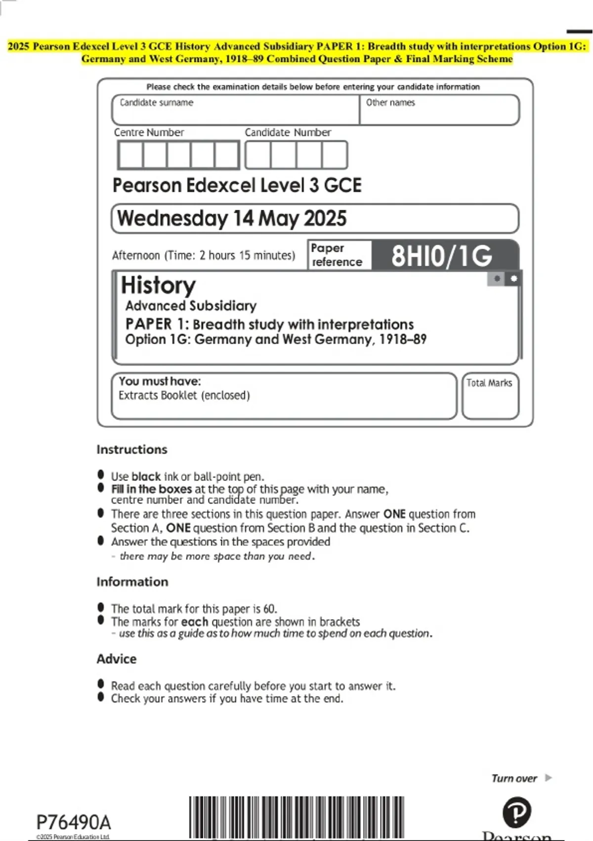 2025 Pearson Edexcel Level 3 GCE History Advanced Subsidiary PAPER 1 ...