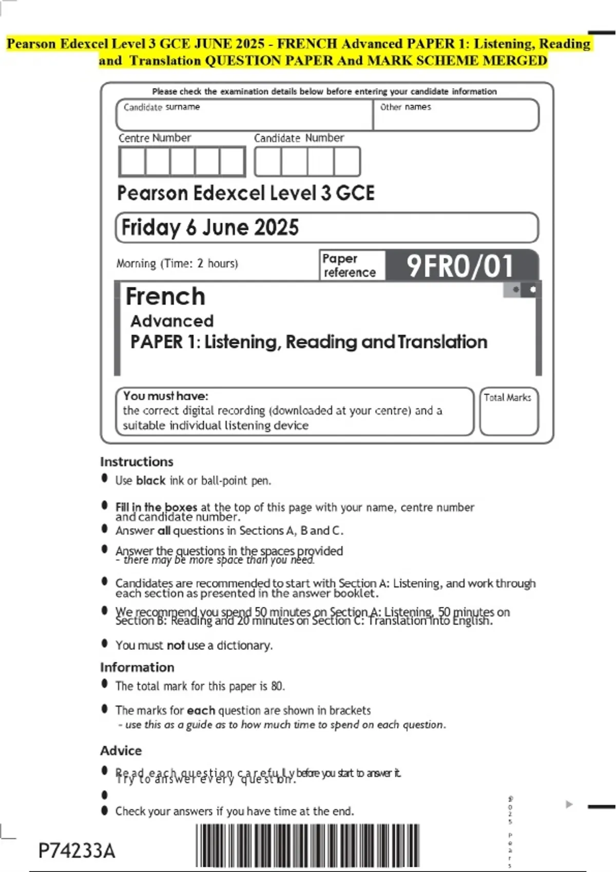Pearson Edexcel Level 3 GCE JUNE 2025 - FRENCH Advanced PAPER 1 ...