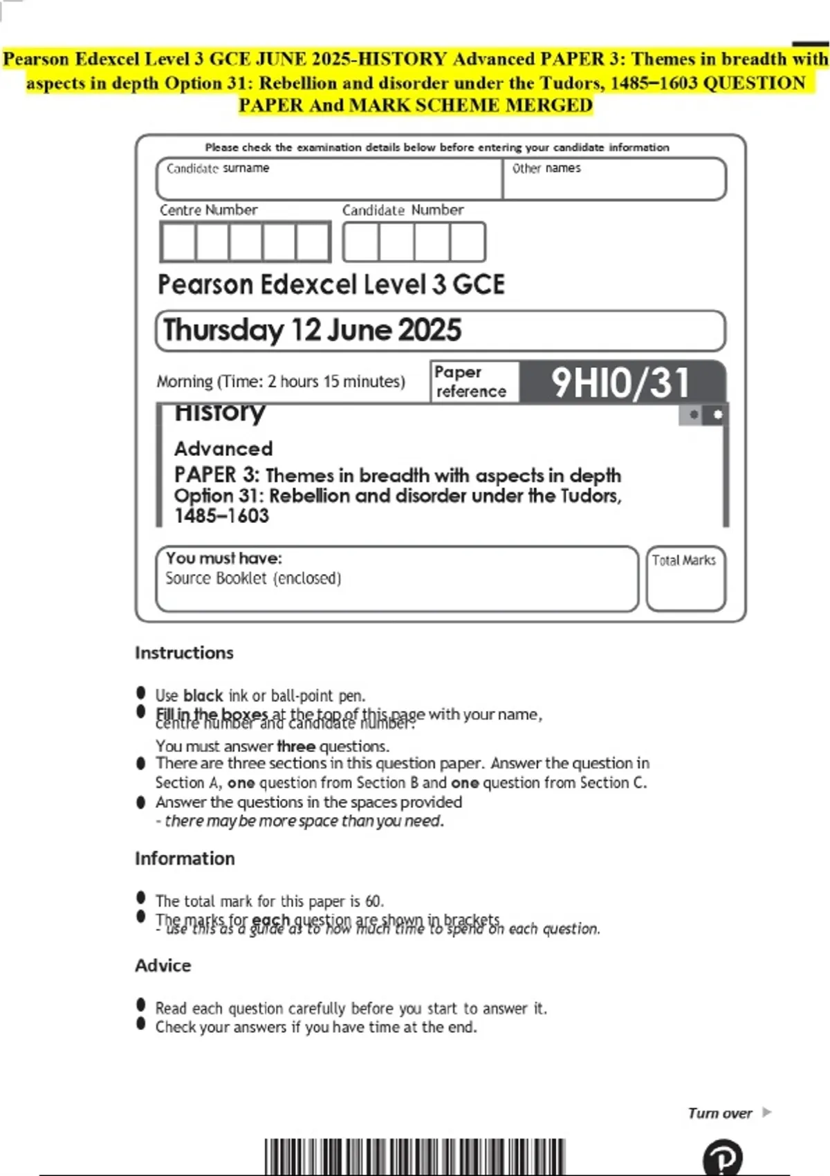 Pearson Edexcel Level 3 GCE JUNE 2025-HISTORY Advanced PAPER 3: Themes ...