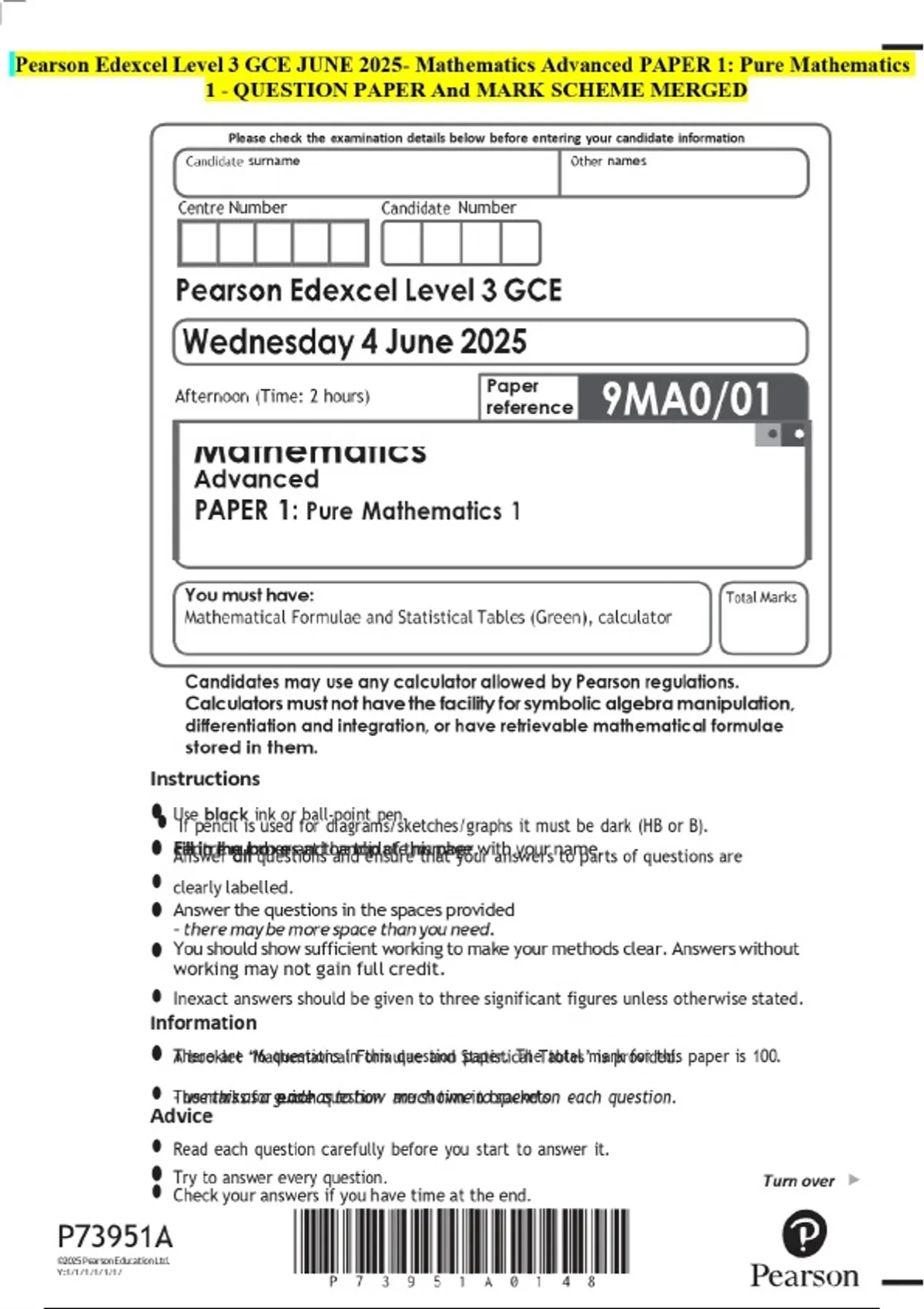 Pearson Edexcel Level 3 GCE JUNE 2025- Mathematics Advanced PAPER 1 ...